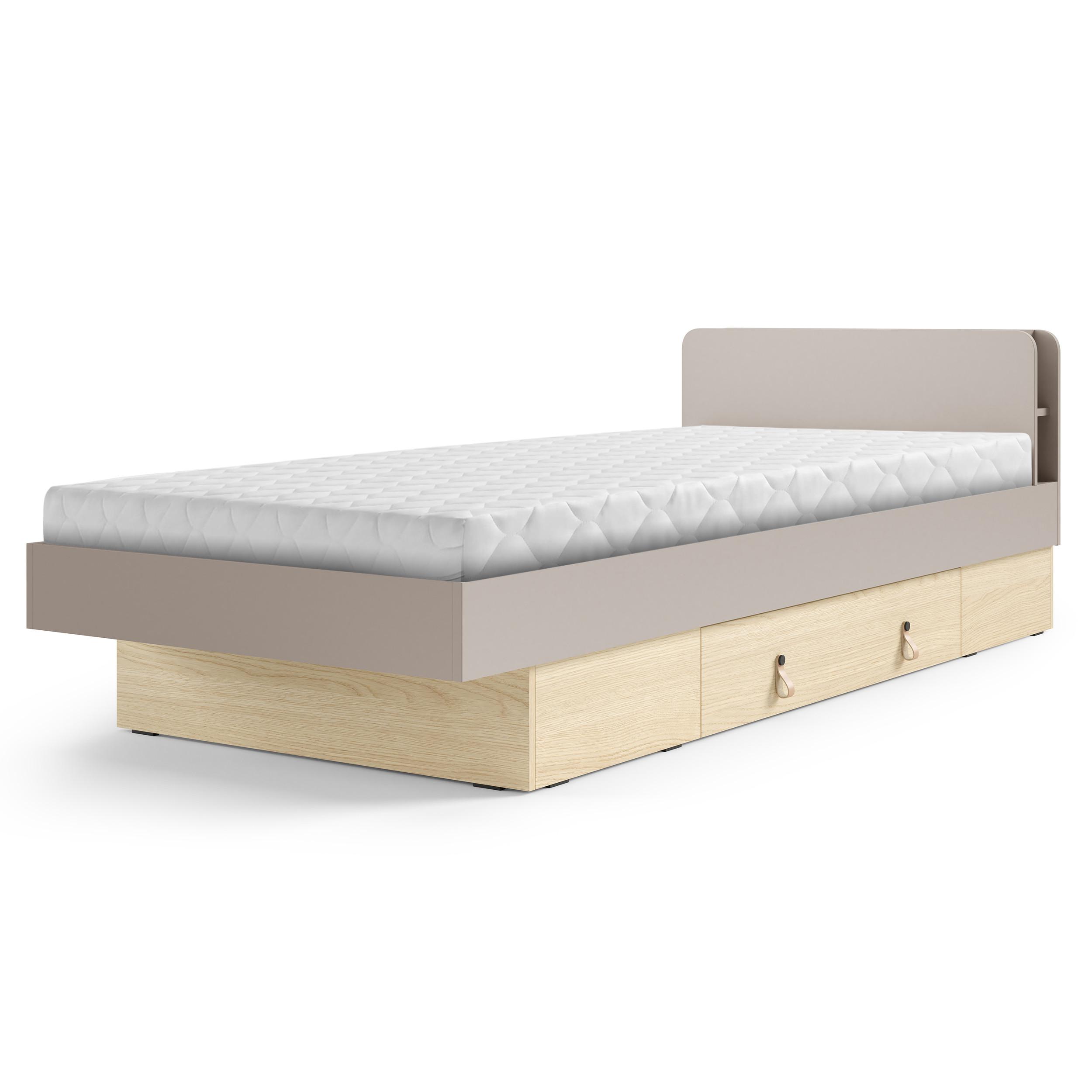 BETT Sorella 90x200 cm mit Lattenrost und Bettkasten-Schublade, ohne Matratze, Porcini + Eiche Mavelie - Eichefarben/Cappuccino, Leder/Holzwerkstoff (90/200cm) - Beautysofa