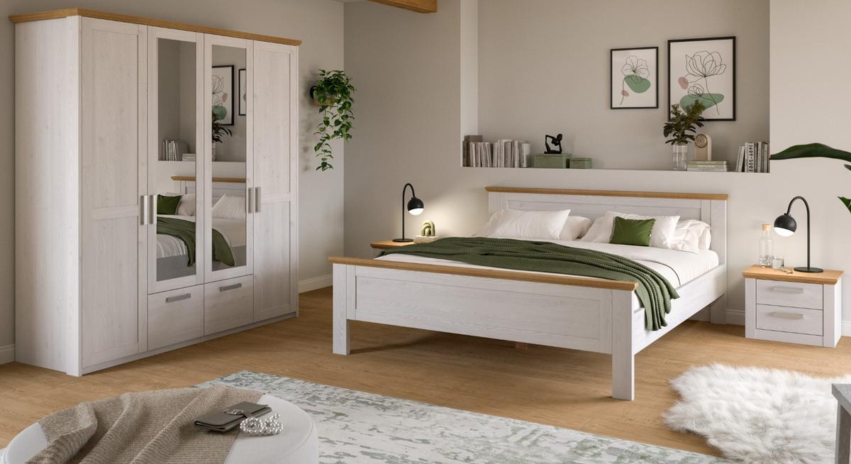 SCHLAFZIMMER weiß Lärche, Eiche Artisan Landhaus, Komplettset mit Bett, Kleiderschrank und 2x Nachttisch - Eichefarben/Silberfarben, Holzwerkstoff/Kunststoff (180/200cm) - Inn.Furn