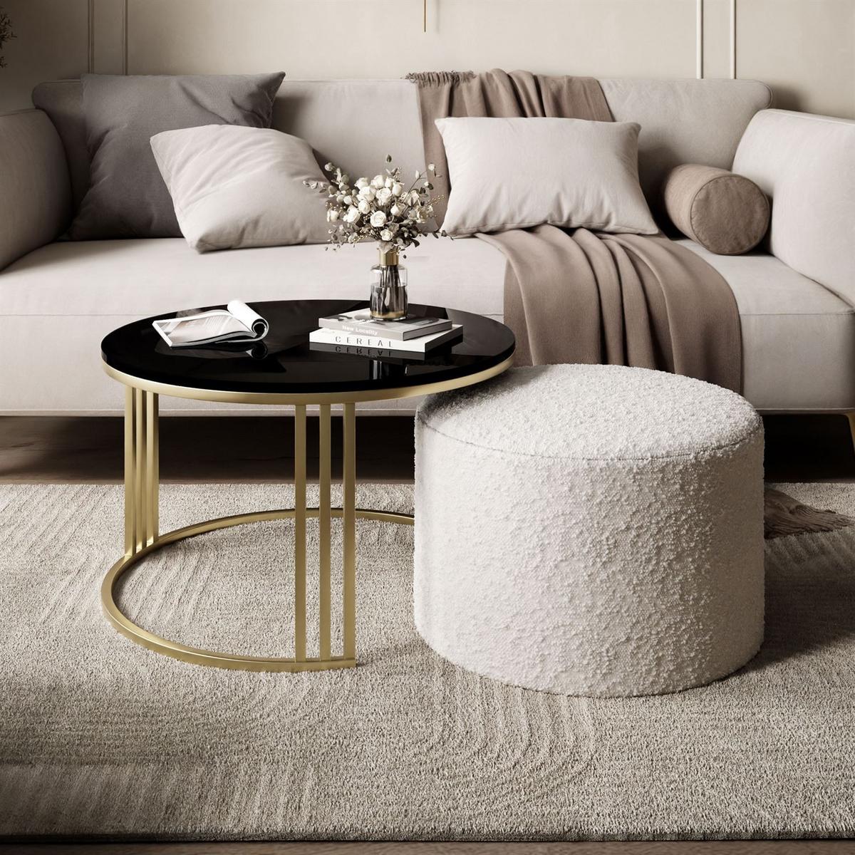 COUCHTISCH mit Hocker LORI Hochglanz gebürstetes Gold/Schwarz glänzend/Coral 65 - Schwarz, Metall (70/70/49cm) - Lookway
