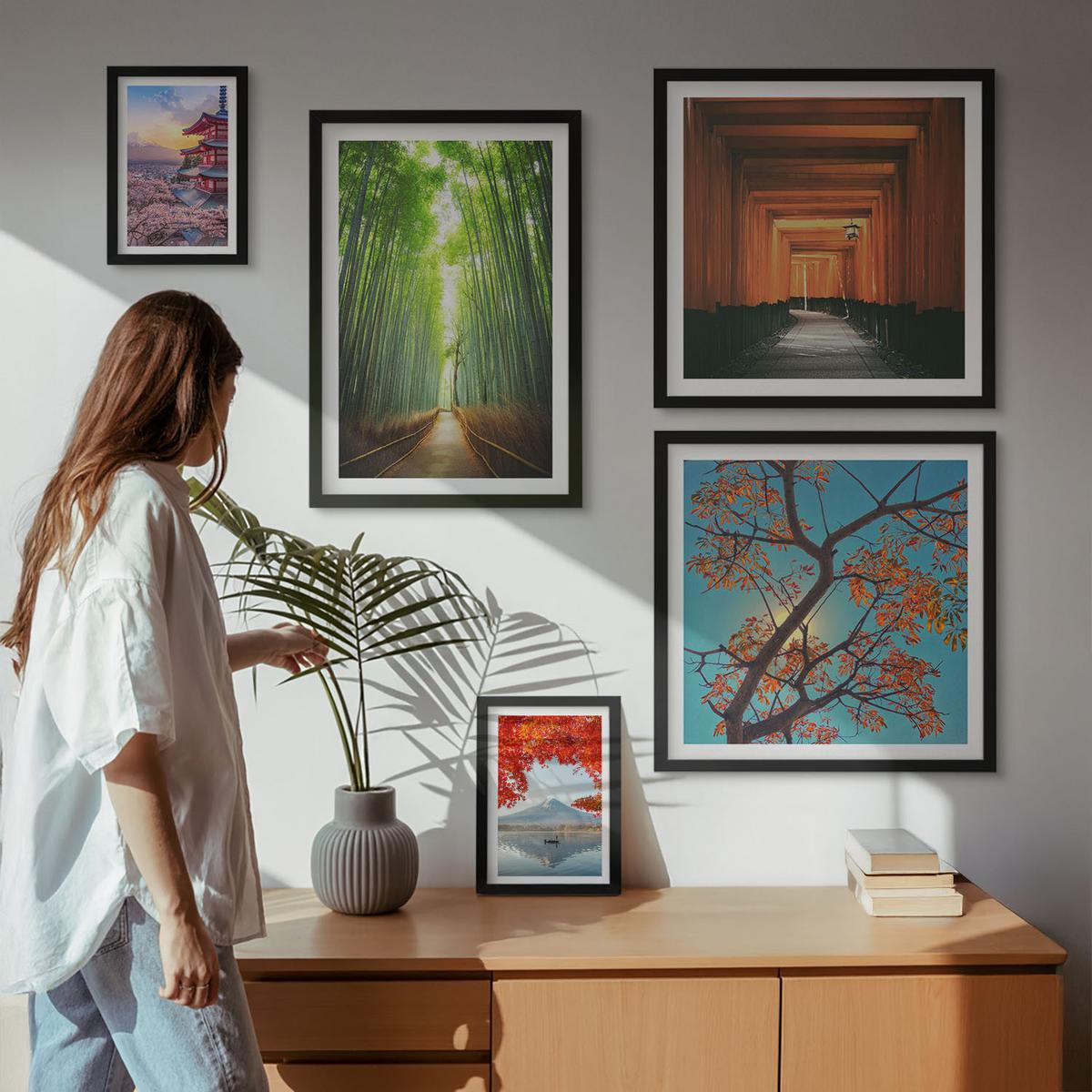 BILDER SET 5er Set - 50x50 cm & 20x30 cm & 40x60 cm Schwarzer Rahmen - Meerblick, farbenfrohe Häuser - Schwarz, Kunststoff (40/60cm) - TULUP