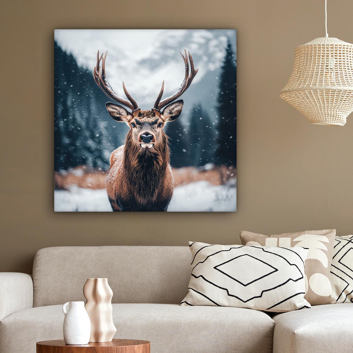 LEINWANDBILD Hirsche - Tiere - Landschaft - Winter - Schnee Deko Groß 90x90 cm - Kastanienfarben, Textil (90/90cm) - MuchoWow