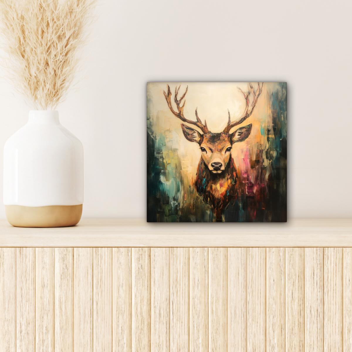 LEINWANDBILD Hirsch - Gemalt - Geweih - Braun Deko Wohnzimmer 20x20 cm - Haselnussfarben, Textil (20/20cm) - MuchoWow