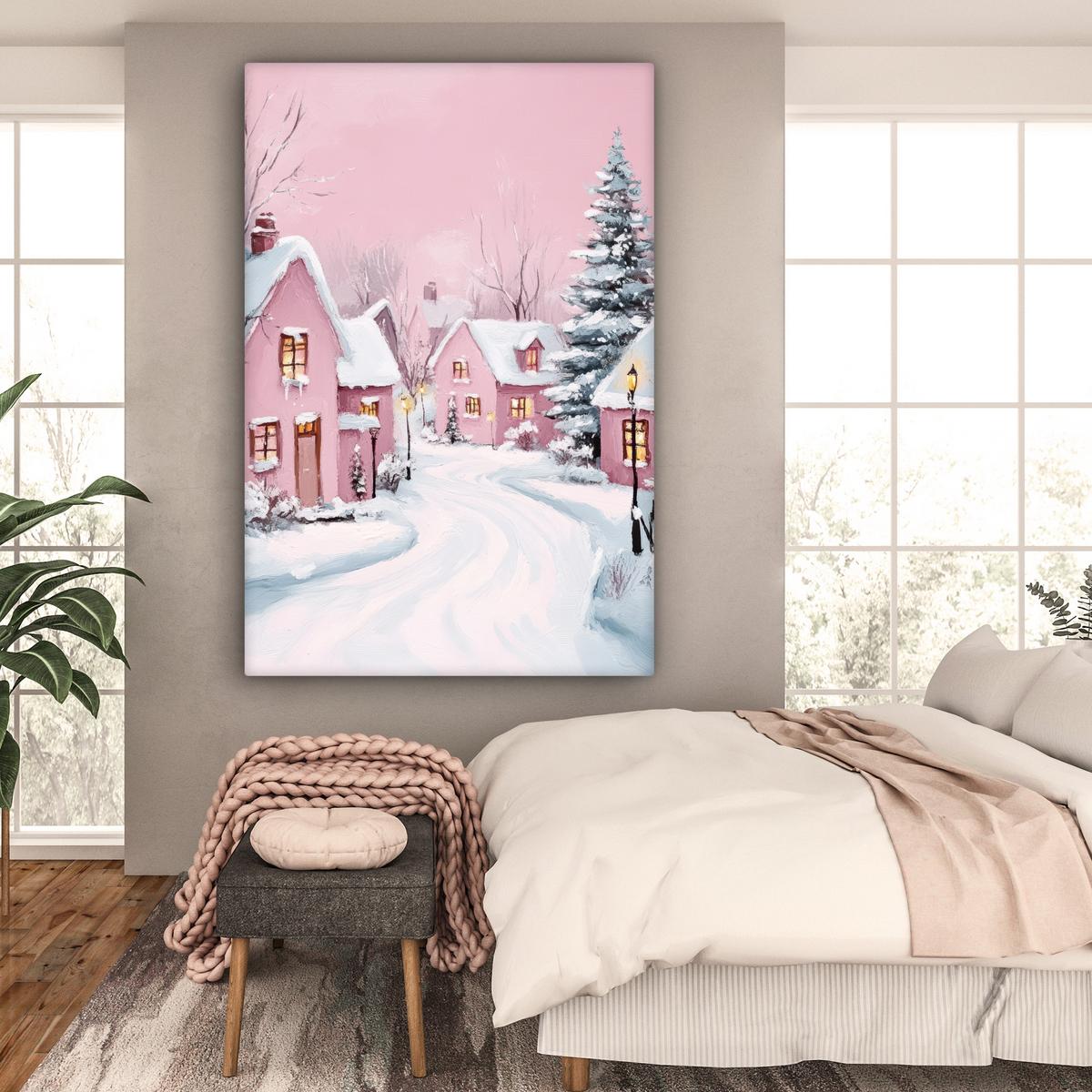 LEINWANDBILD Weihnachtsdorf - Rosa - Winter - Schnee - Häuser Deko Groß 90x140 cm - Altrosa, Textil (90/140cm) - MuchoWow