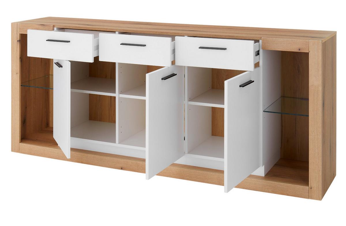 SIDEBOARD weiß matt, Evoke Eiche, Kommode 198 x 83 cm - Eichefarben/Silberfarben, Glas/Holzwerkstoff (198/83/43cm) - Furn.Design