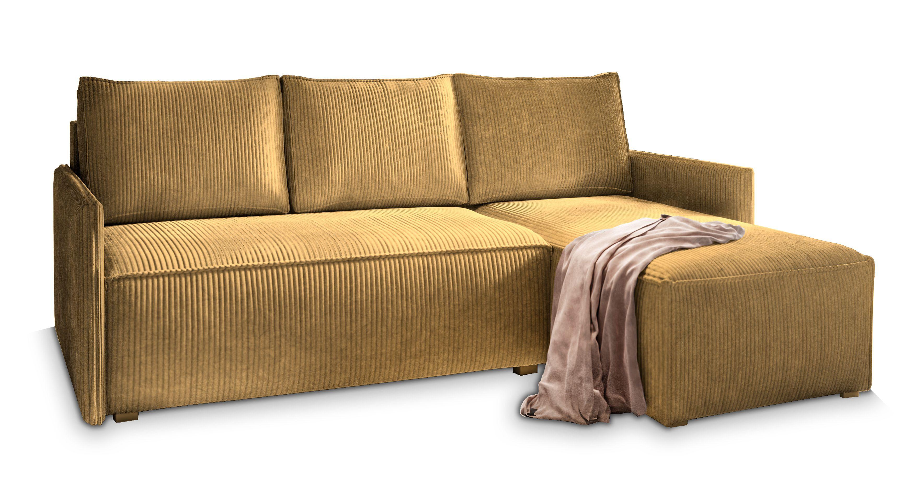 ECKSOFA PERUSI Gelb Kordstoff mit Schlaffunktion - Gelb/Grau, Holz/Kunststoff (206/143cm) - MASSENO