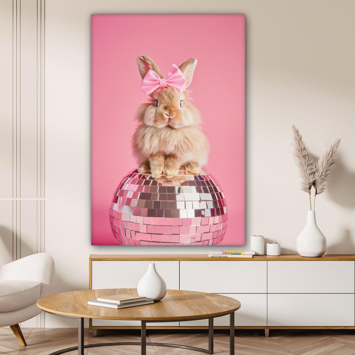 LEINWANDBILD Schleife - Discoball - Kaninchen Deko XXL 80x120 cm - Pink, Textil (80/120cm) - MuchoWow