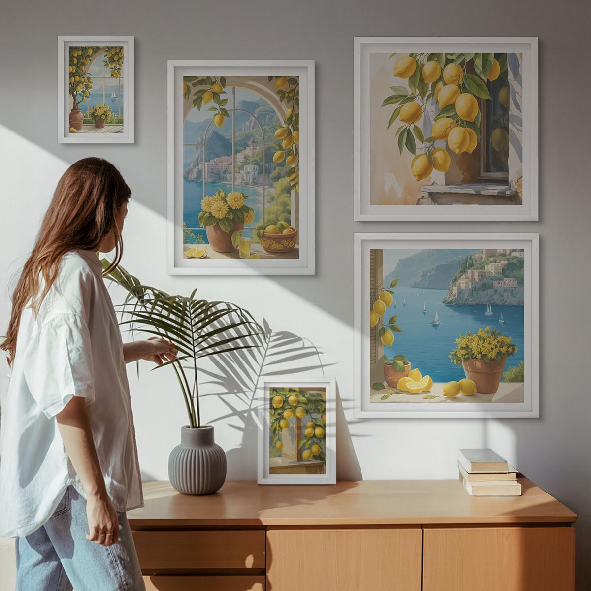 BILDER SET 5er Set - 50x50 cm & 20x30 cm & 40x60 cm Weißer Rahmen - Meerblick, italienische Zitronen - Weiß, Kunststoff (40/60cm) - TULUP