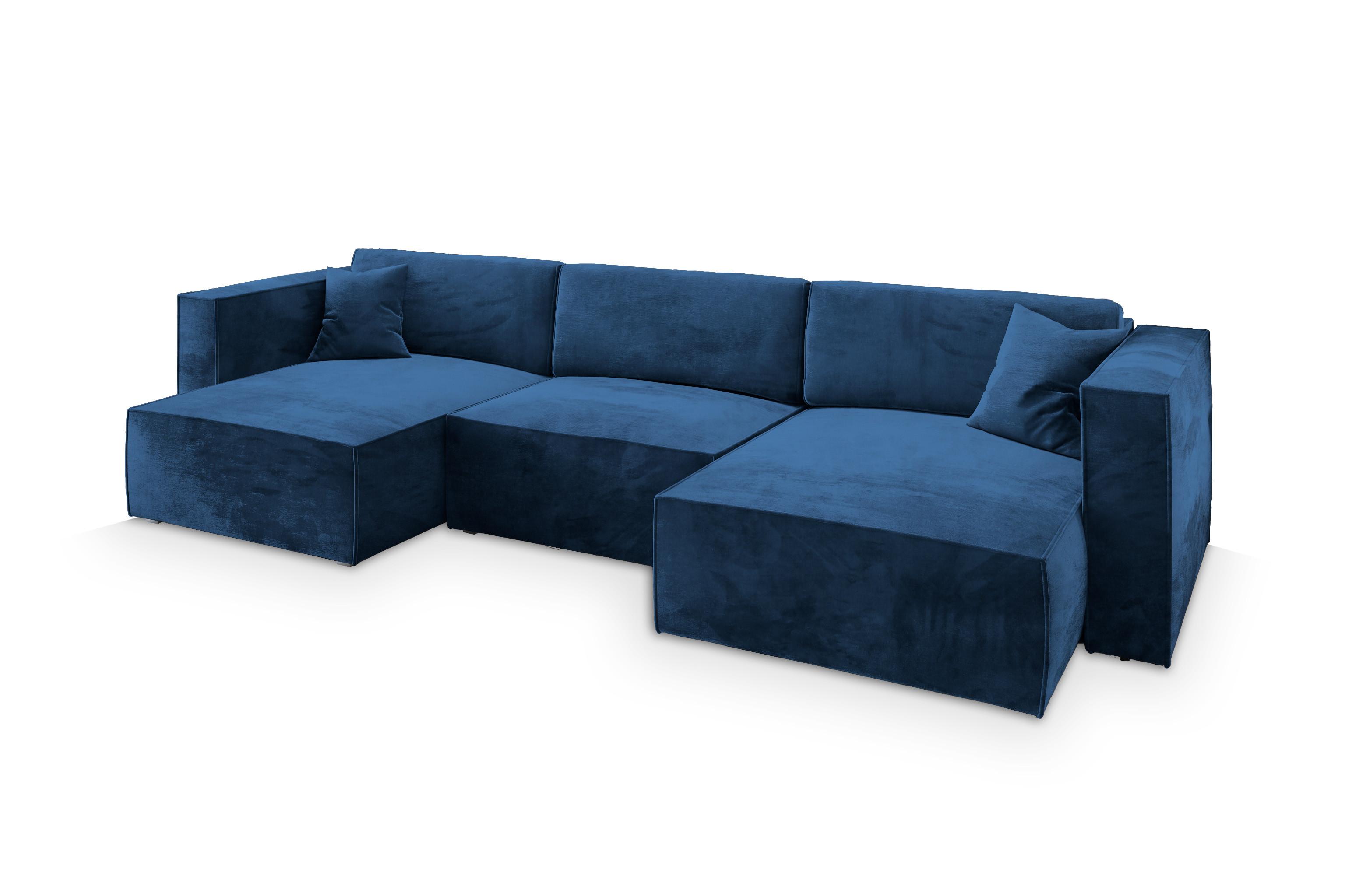 WOHNLANDSCHAFT SARMO M Blau Velours-Stoff mit Schlaffunktion - Blau/Grau, Holz/Kunststoff (347/70/148cm) - MASSENO