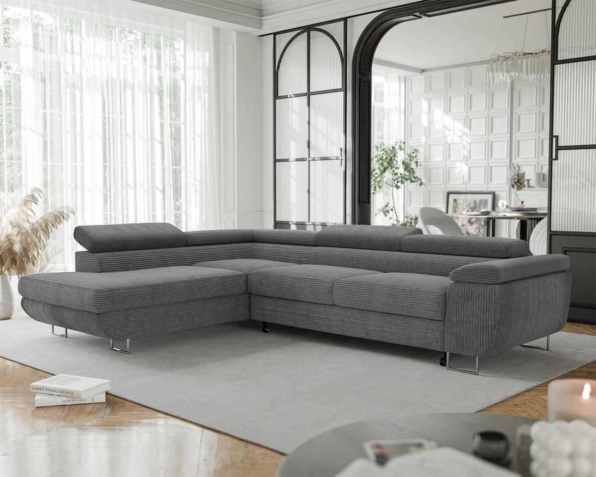 ECKSOFA ANTON links, mit Schlaffunktion und Bettkasten Grau - Chromfarben/Grau, Textil/Metall (274/203cm) - Idohome