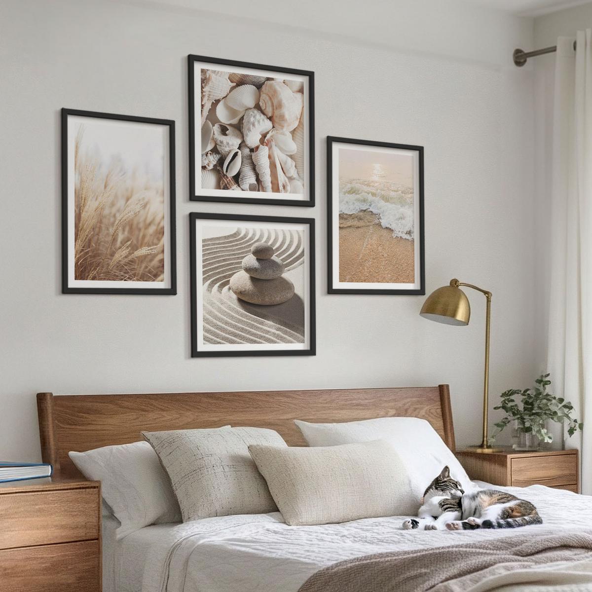 BILDER SET 4er Set - 50x50 cm & 40x60 cm Schwarzer Rahmen - Strandmotive, Muscheln, Wellen - Schwarz, Kunststoff (50/50cm) - TULUP