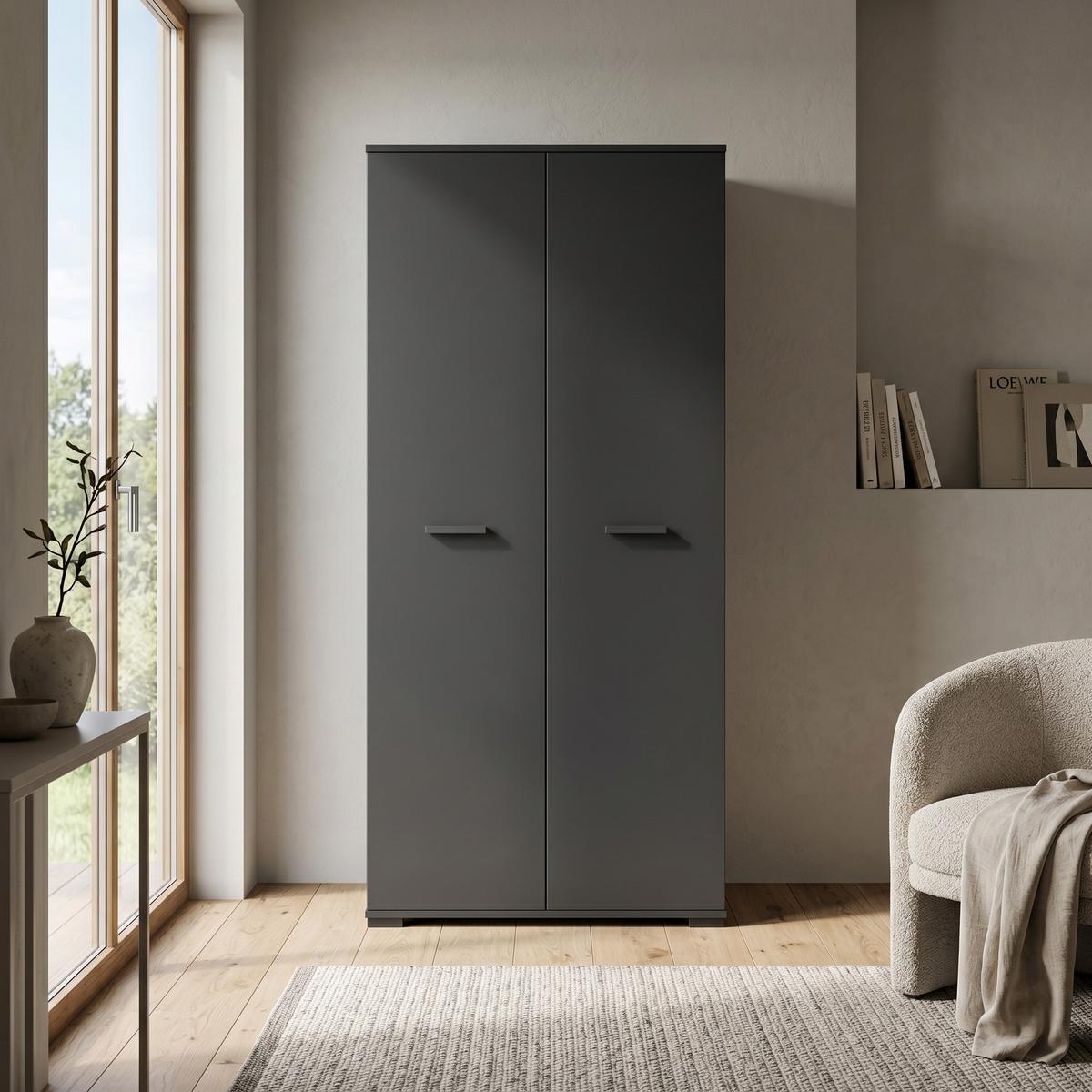 DREHTÜRENSCHRANK ALBANO 90/186/56cm 2-türig Schwarz - Schwarz, Holzwerkstoff (90/186/56cm) - MASSENO