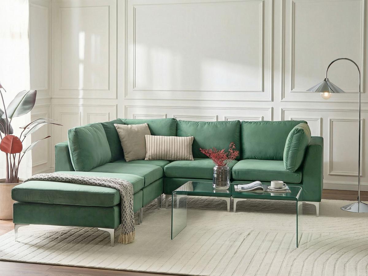 ECKSOFA Modul 4-Sitzer rechtsseitig Grün Samtstoff mit Ottomane Evja - Grün, Textil (235/150cm) - Beliani