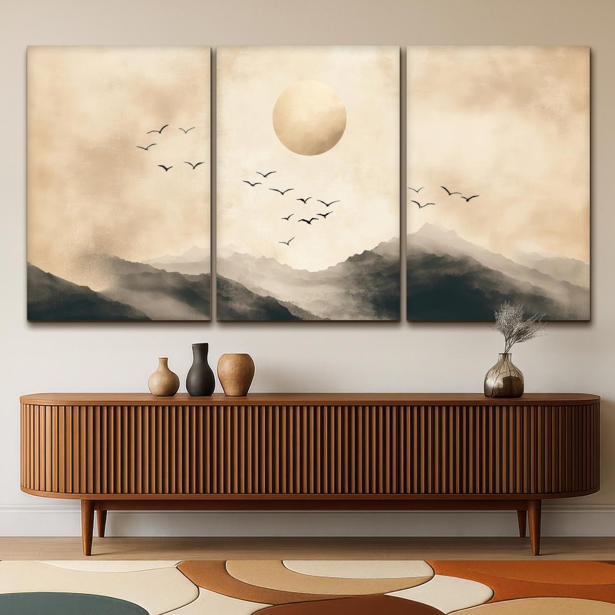 LEINWANDBILD 3er Set Landschaft - Japandi - Beige - Vögel 240x120 cm - Beige, Textil (240/120cm) - MuchoWow