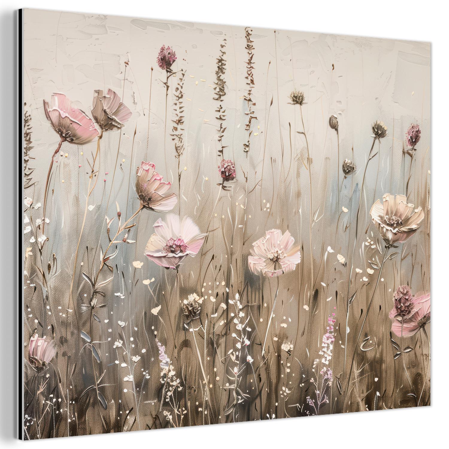 METALLBILD Blumen - Rosa - Modern - Beige 80x60 cm - Beige, Metall (80/60cm) - MuchoWow