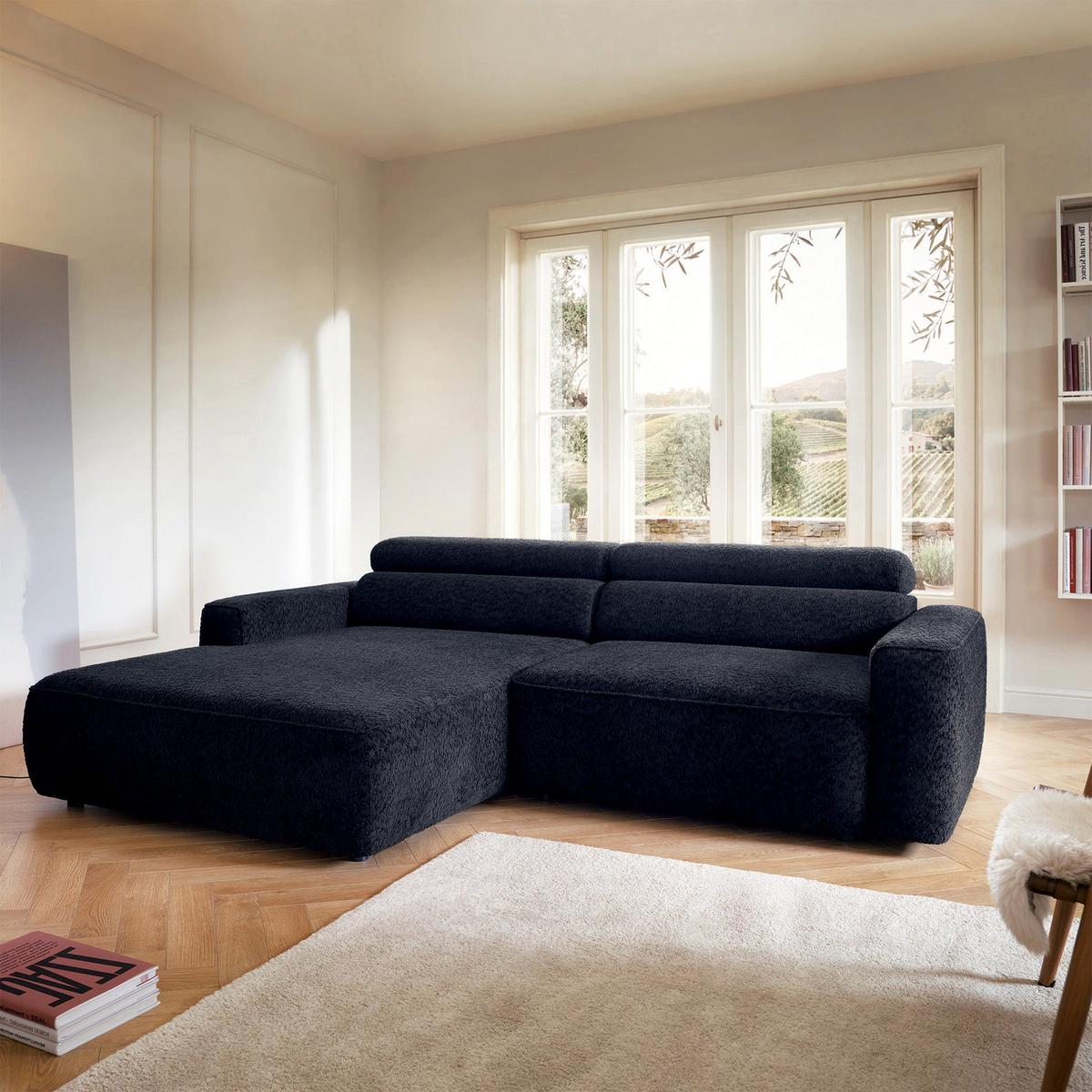 ECKSOFA Fando Navyblau Chenille - Schwarz/Dunkelblau, Kunststoff/Textil (252/182cm) - Selsey