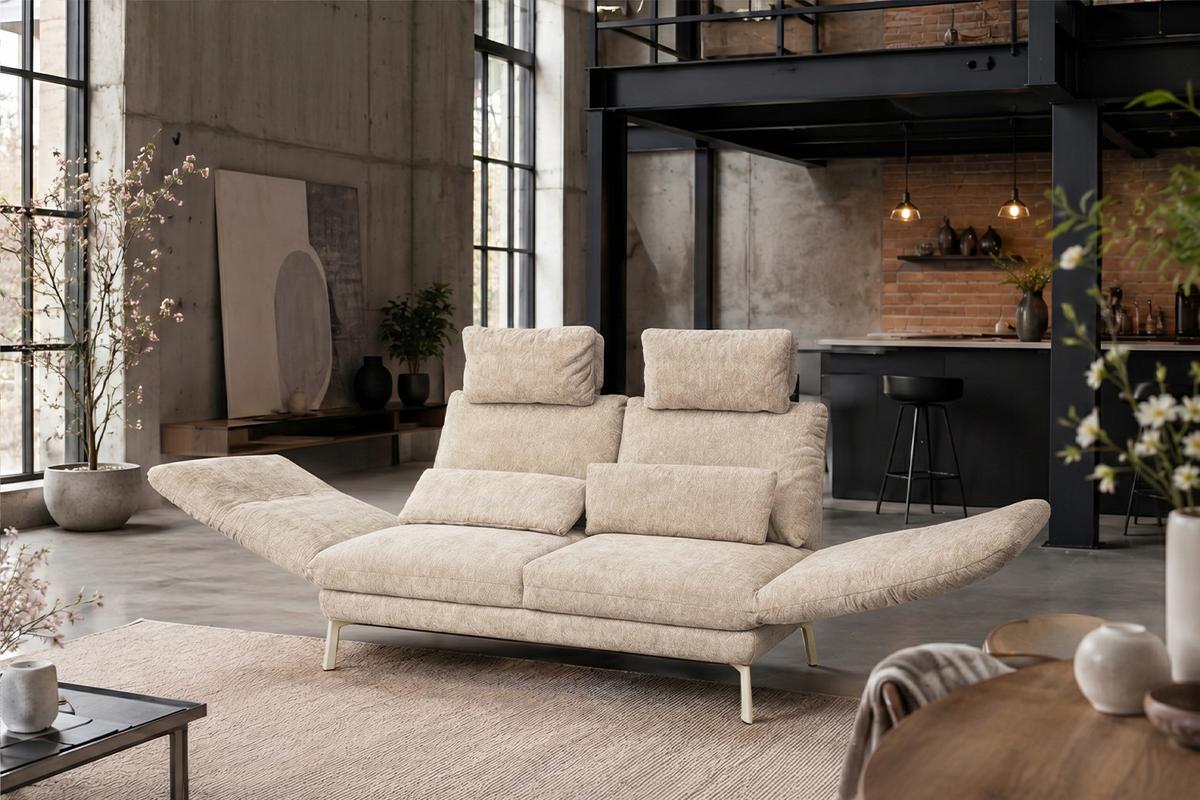 SOFA HOLLY Weiß Flachgewebe - Weiß/Braun, Textil/Metall (176/90/92cm) - KAWOLA