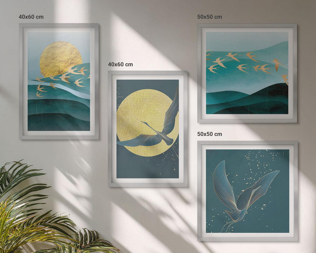 BILDER SET 4er Set - 50x50 cm & 40x60 cm Silberner Rahmen - Stilvolle Landschaften mit Vögeln - Silberfarben, Kunststoff (50/50cm) - TULUP