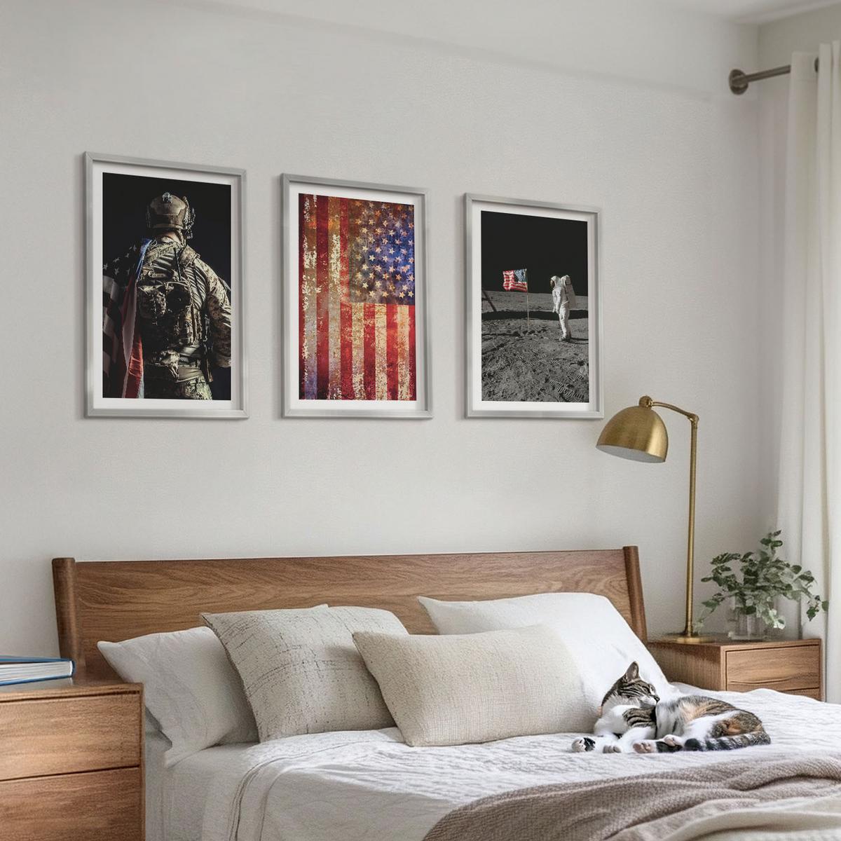 BILDER SET 3er Set - 40x60 cm Silberner Rahmen - Amerikanische Symbole, USA-Flagge - Silberfarben, Kunststoff (40/60cm) - TULUP