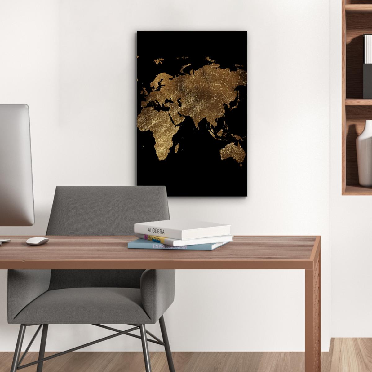 METALLBILD Weltkarte - Gold - Luxus - Erde - Schwarz Deko Schlafzimmer 40x60 cm - Goldfarben, Metall (40/60cm) - MuchoWow