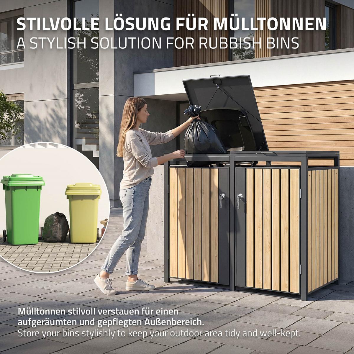MÜLLTONNENBOX 4er Anthrazit-Holzoptik - Naturfarben, Metall (264/120/80cm) - ML-DESIGN