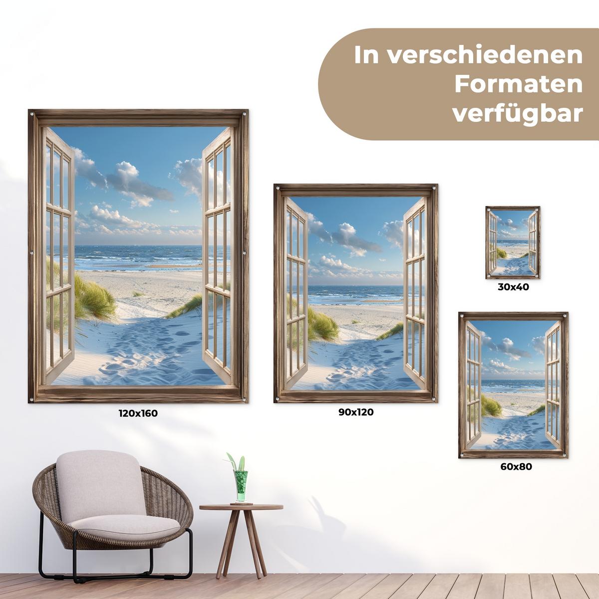 GARTENPOSTER Aussicht - Strand - Fenster - Dünen - Meer Gartendekoration 120x160 cm - Hellblau, Kunststoff (120/160/0.2cm) - OnlyWow