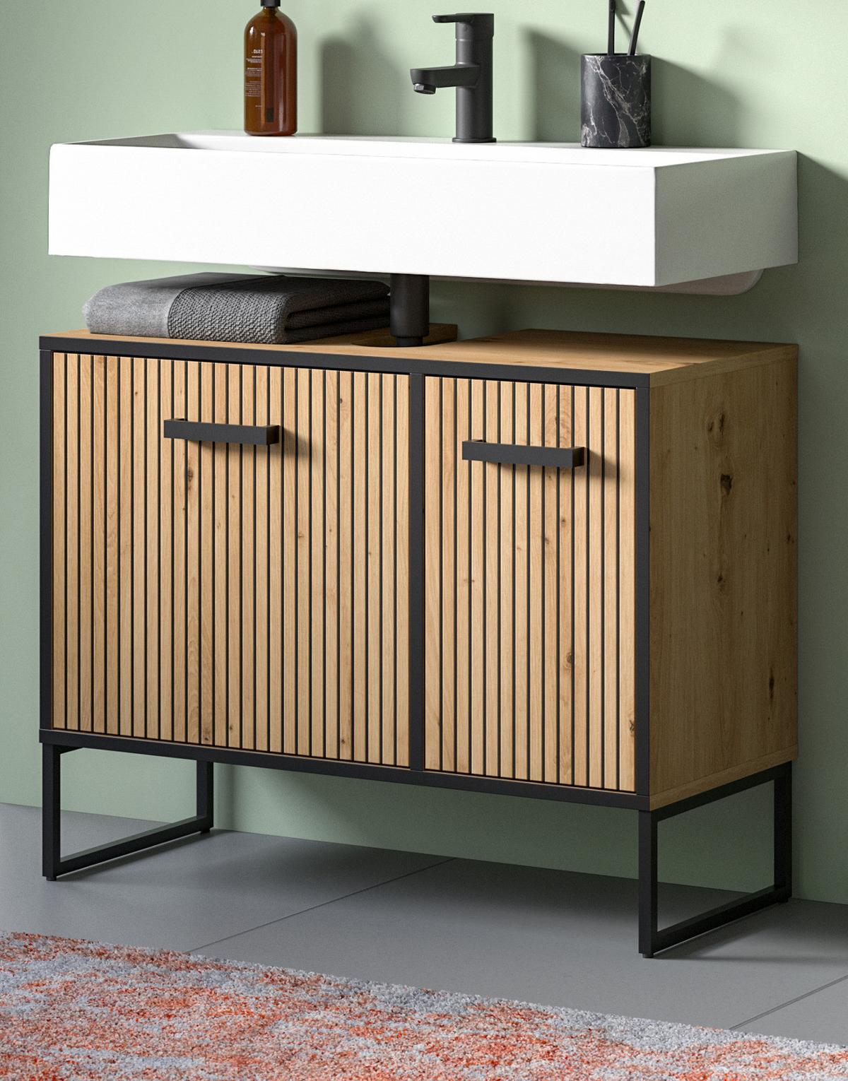 WASCHBECKENUNTERSCHRANK Eiche Artisan, schwarz 80 cm, Badezimmer Unterschrank mit Soft-Close - Schwarz/Eiche Artisan, Holzwerkstoff/Kunststoff (80/63/36cm) - Inn.Furn