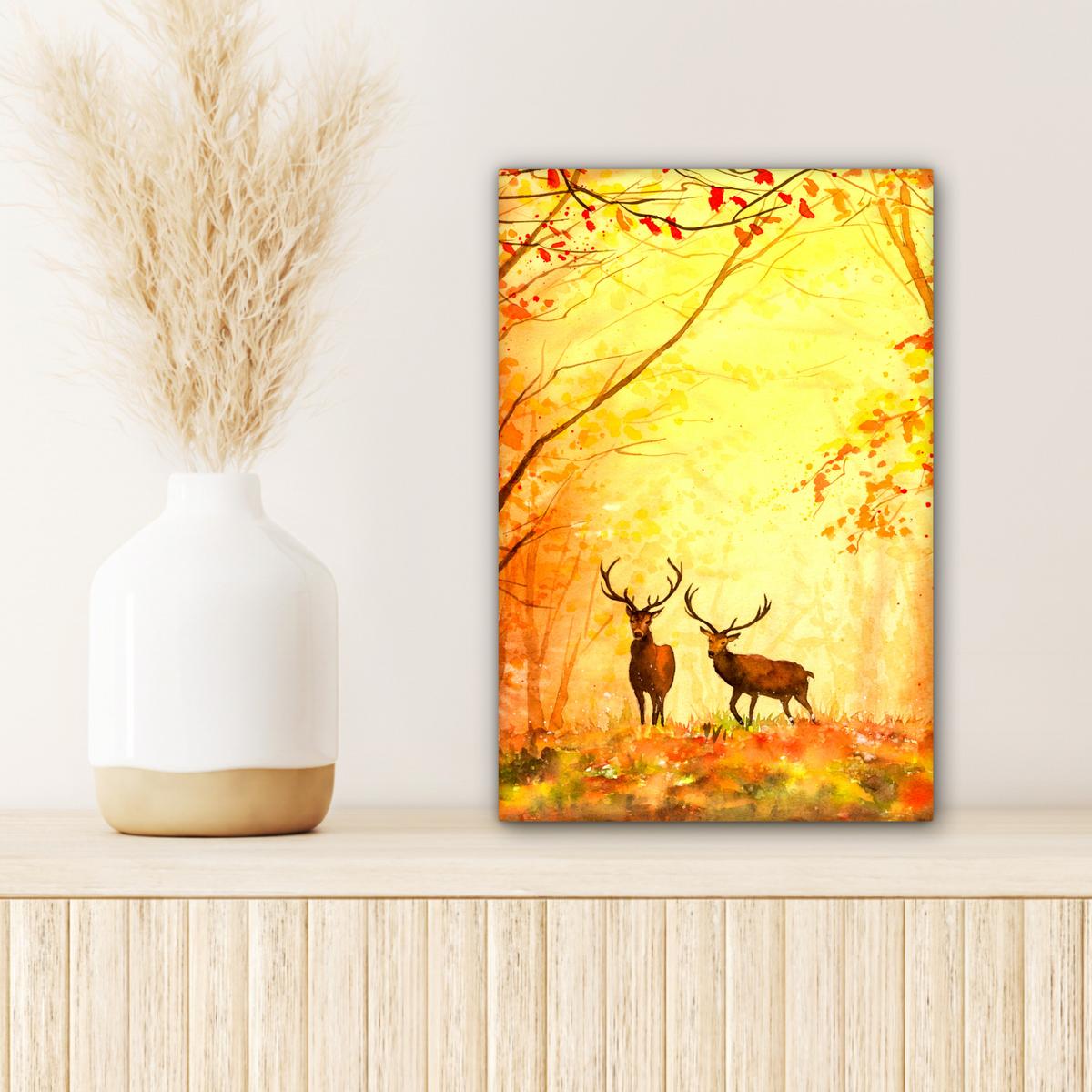 LEINWANDBILD Natur - Ölfarbe - Hirsche - Tiere - Herbst - Orange Deko Wohnzimmer 20x30 cm - Orange, Textil (20/30cm) - MuchoWow