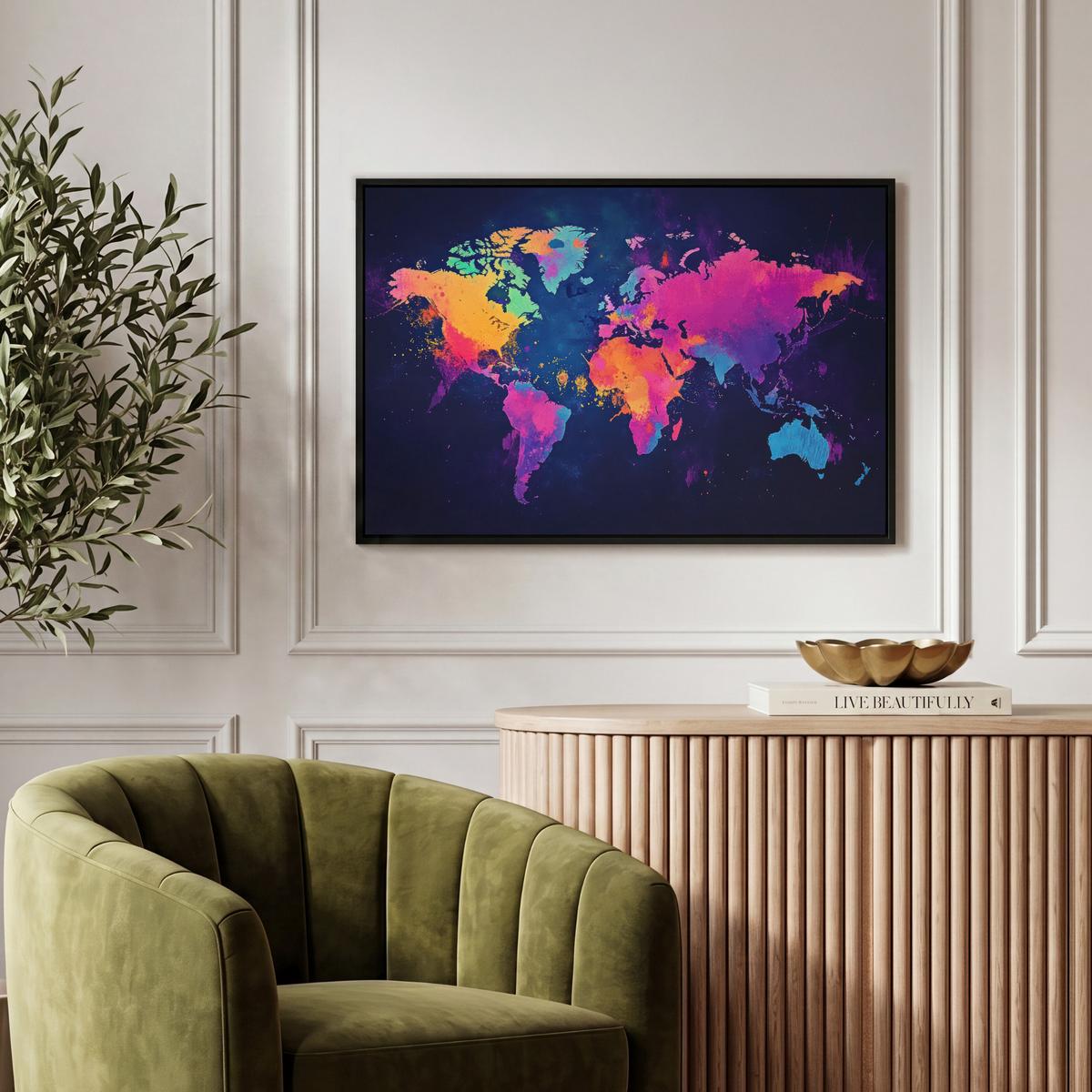 LEINWAND Bilder mit Rahmen - Weltkarte - Bunt - Graffiti - 60x40 - Multicolor, Textil (60/40cm) - MuchoWow
