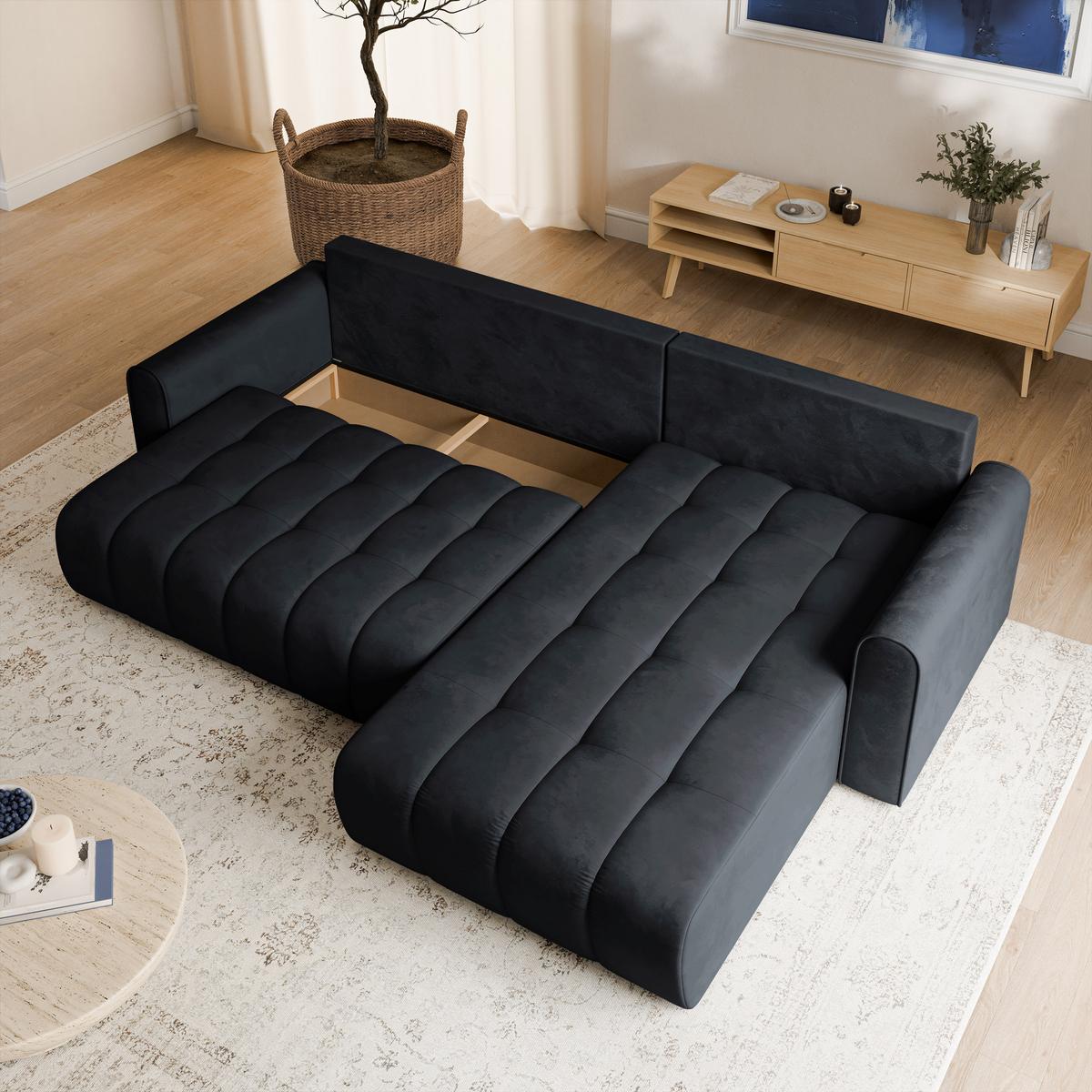 ECKSOFA FRIGA Schwarz Velours-Stoff mit Schlaffunktion - Schwarz, Holz (283/185cm) - MASSENO