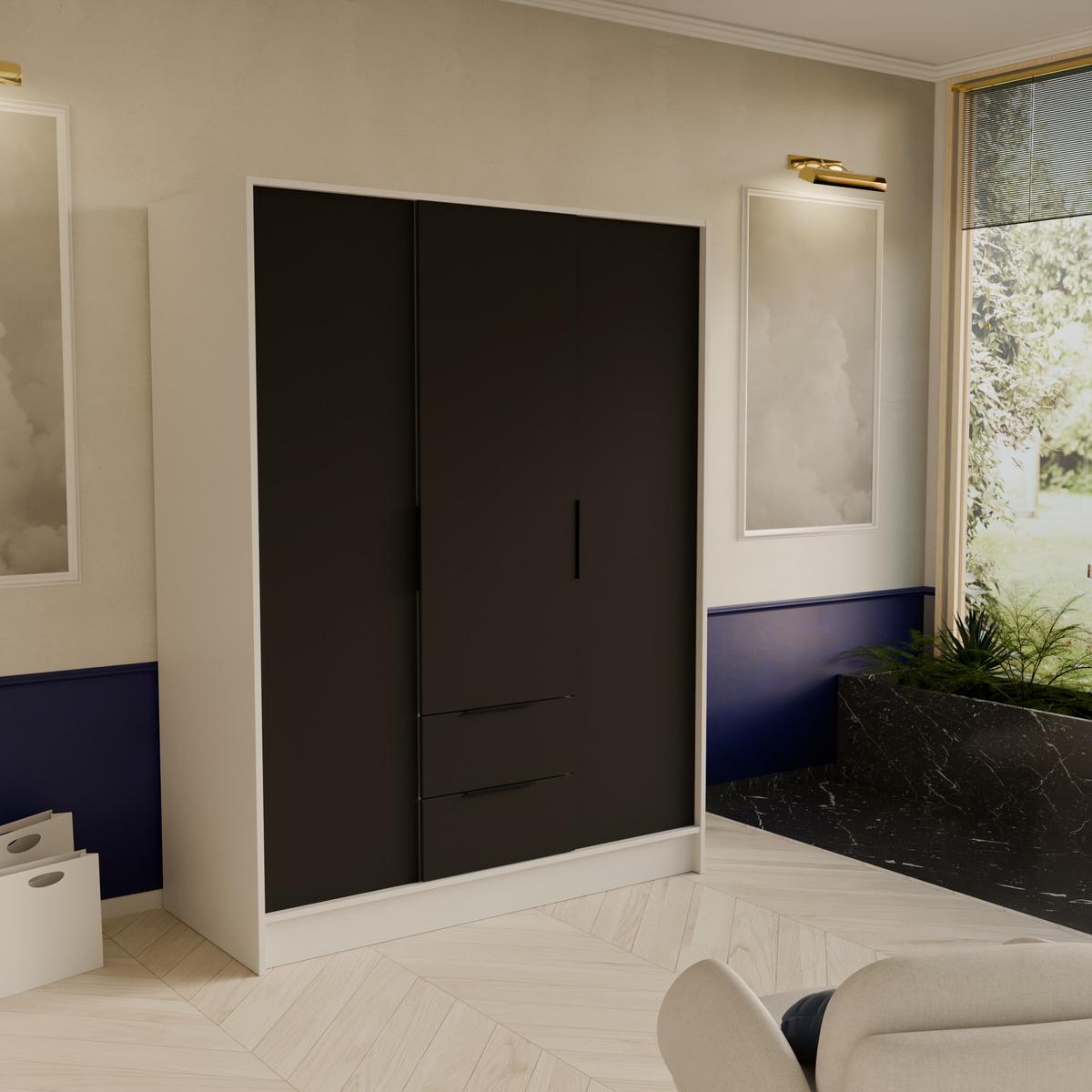 DREHTÜRENSCHRANK CAVA 150,5/200/51 cm Modern Kleiderschrank 3-türig Weiß - Schwarz/Weiß, Holzwerkstoff (150.5/200/51cm) - MASSENO