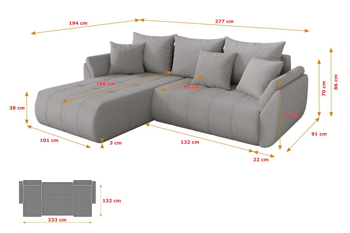 ECKSOFA mit Schlaffunktion Ottomane Links TOKO-L 277x194x86 Hellgrau Bouclé - Silberfarben/Hellgrau, Holzwerkstoff/Kunststoff (277/194cm) - ALTDECOR