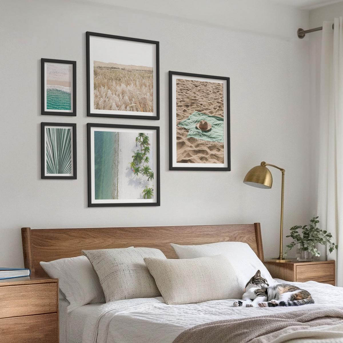 BILDER SET 5er Set - 50x50 cm & 20x30 cm & 40x60 cm Schwarzer Rahmen - Urlaubsblick Strand Meer - Schwarz, Kunststoff (40/60cm) - TULUP