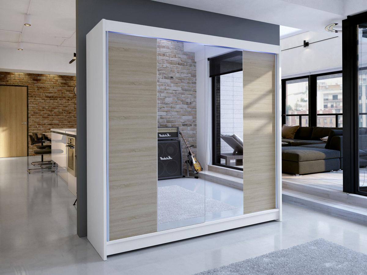 SCHWEBETÜRENSCHRANK Talin II, mit RGB LED Beleuchtung - Beige/Silberfarben, Holzwerkstoff/Metall (180/215/58cm) - MIRJAN24