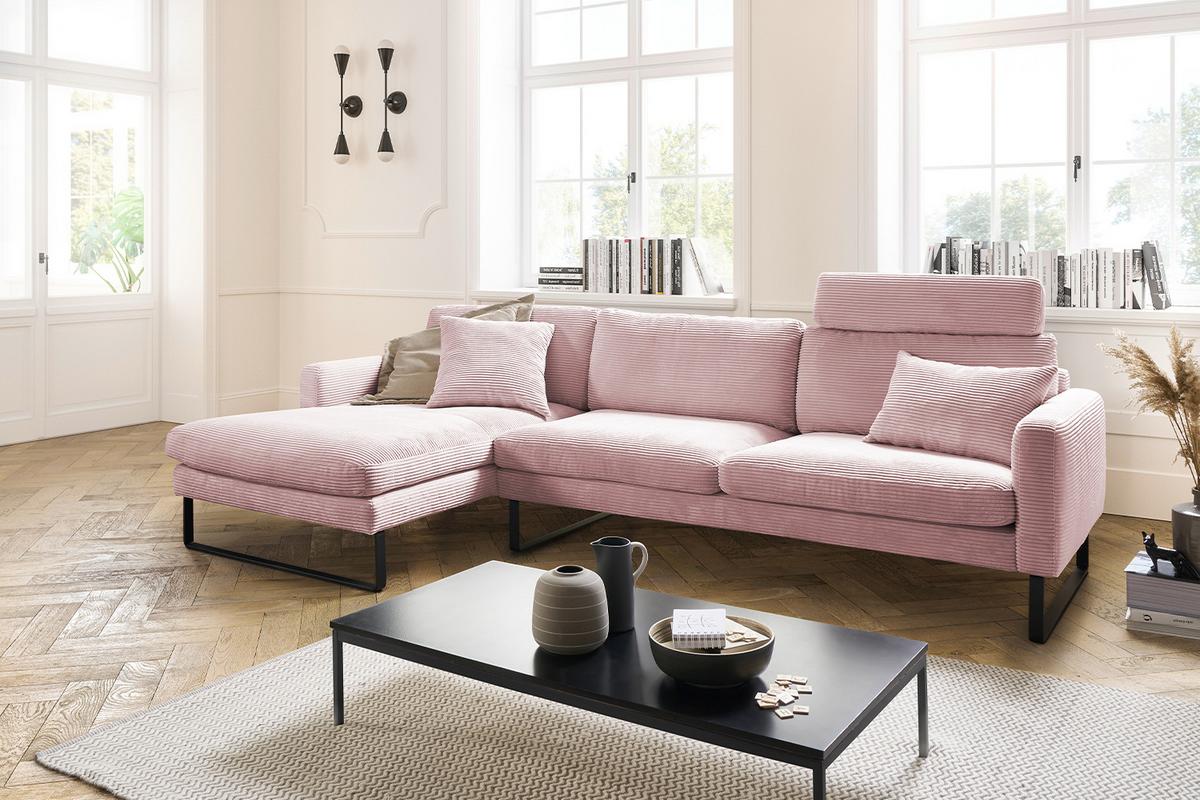 ECKSOFA RICARDA Pink Cord - Schwarz/Rosa, Textil/Metall (298/154cm) - KAWOLA