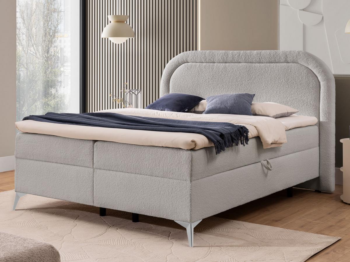 BOXBETT Sonna 140/200 cm Hellgrau Bouclé-Stoff mit abgerundetem Kopfteil und mit silbernen Metallfüßen - Silberfarben/Hellgrau, Holz/Textil (140/200cm) - S-Style Möbel