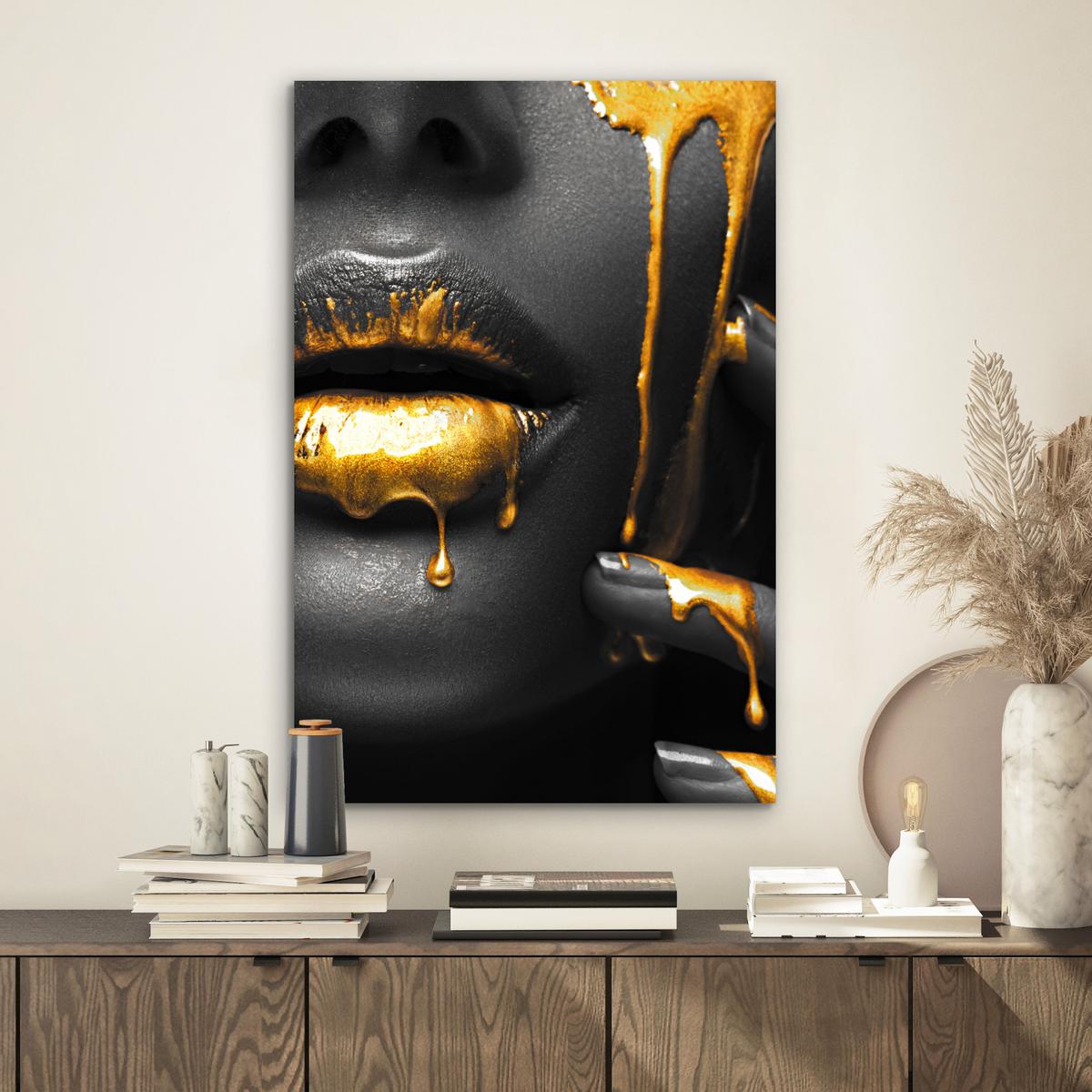 METALLBILD Frau - Schwarz - Gold - Gesicht - Lippen Deko Schlafzimmer 40x60 cm - Goldfarben, Metall (40/60cm) - MuchoWow