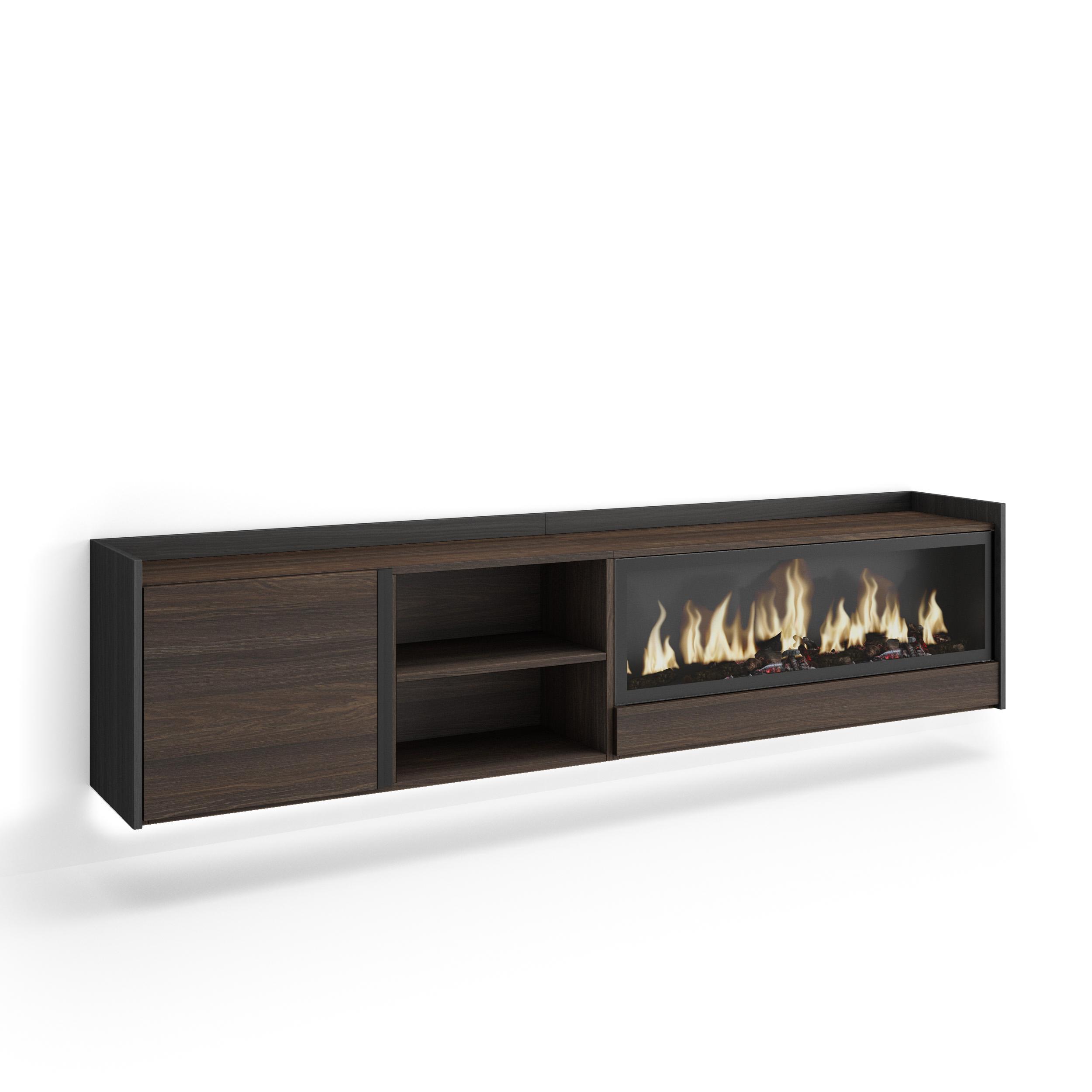 LOWBOARD, Eiche und Schwarz, 212/35/50cm, Kamin mit Feuereffekt XXL - Dunkelbraun, Holzwerkstoff (212/50/35cm) - Skraut Home