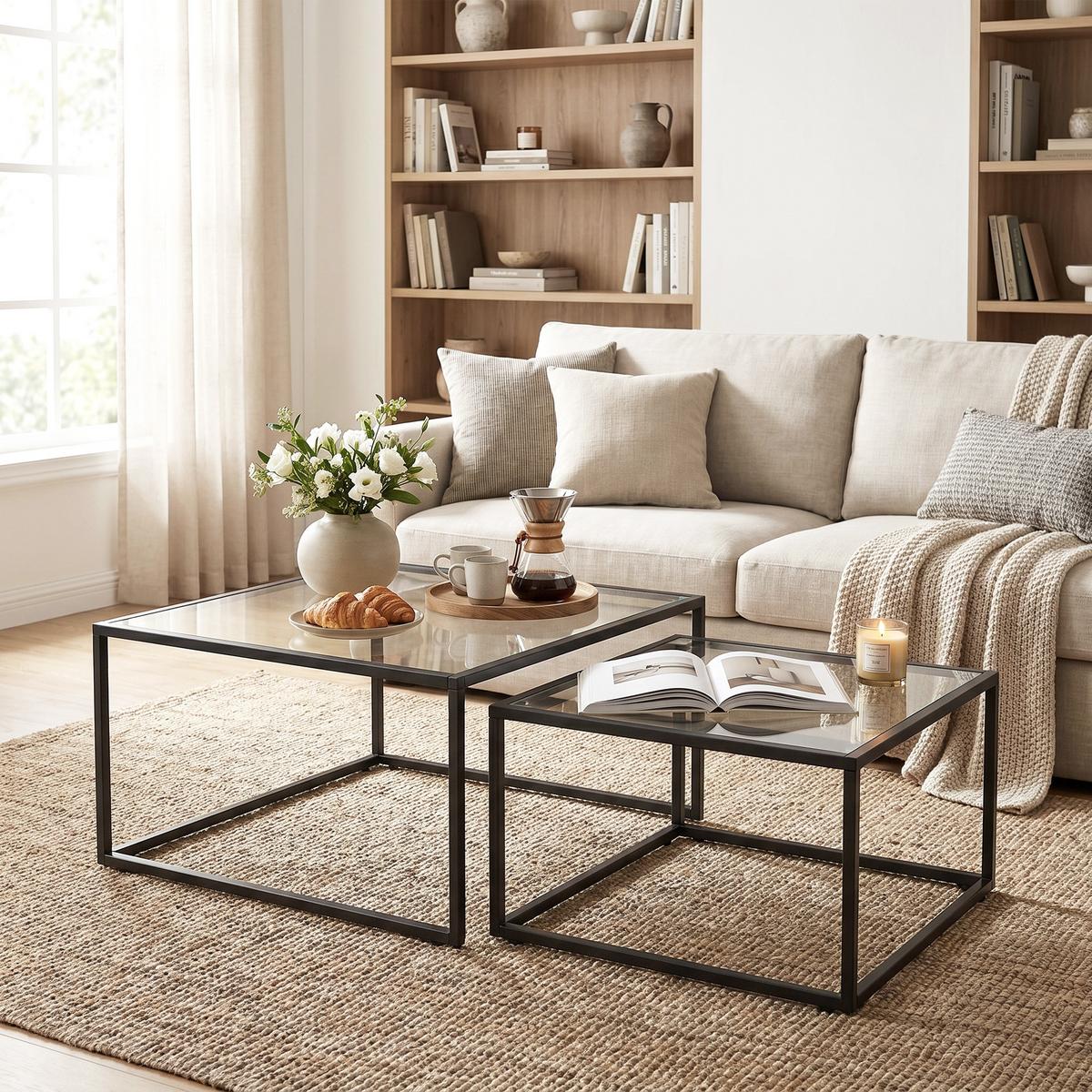 COUCHTISCHE 2er Set Gehärtetes Glas Metall Schwarz - Schwarz, Glas/Metall (75/75/42cm) - HOMCOM