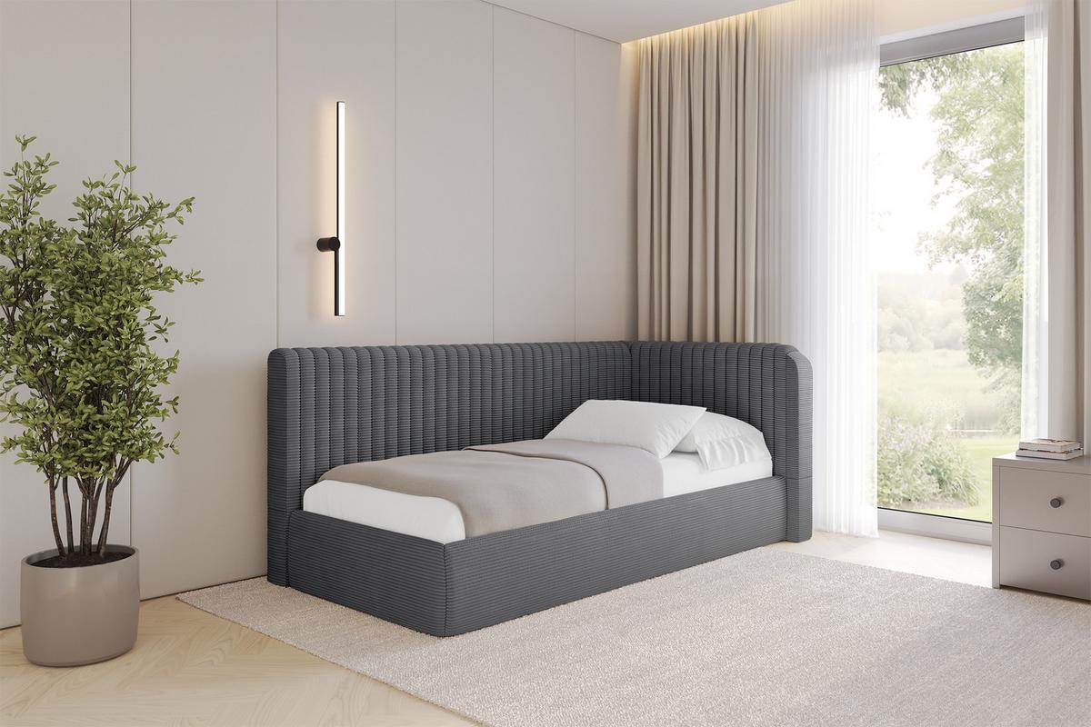 EINZELLBETT Jugendbett mit Bettkasten und Matratze H3/H4, Links - AURY 90x200 Dunkelgrau - Graphitfarben, Holzwerkstoff/Textil (90/200cm) - ALTDECOR