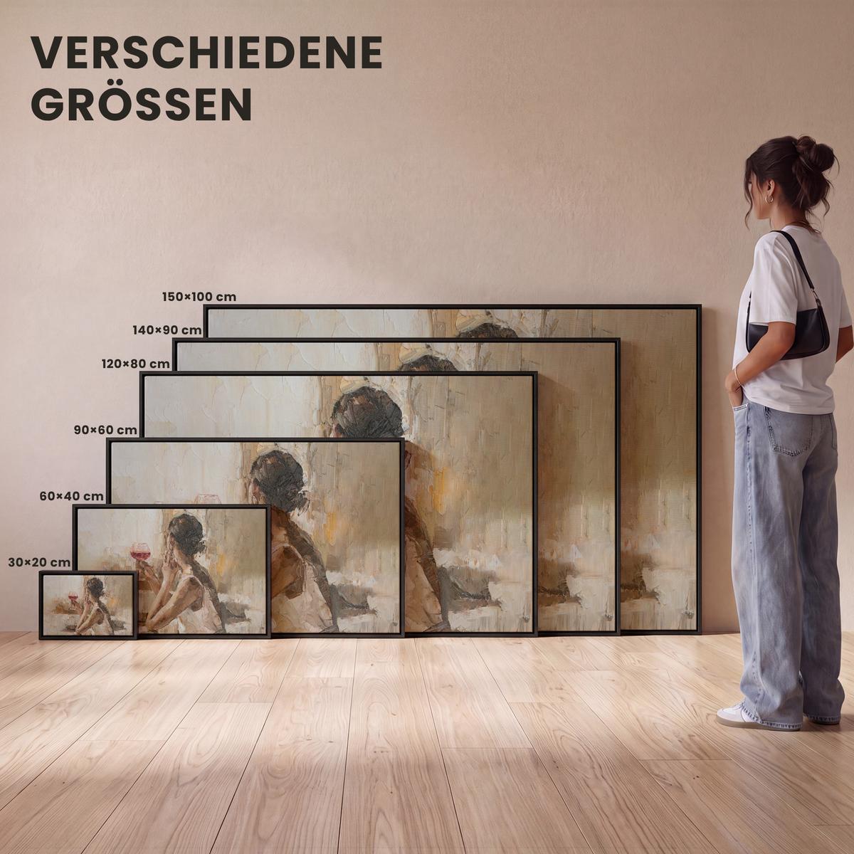 LEINWAND Bilder mit Rahmen - Ölgemälde - Frau - Wein - 140x90 - Hellbraun, Textil (140/90cm) - MuchoWow