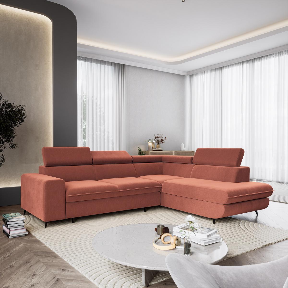 ECKSOFA VELISS Koralle Veloursstoff mit Schlaffunktion - Koralle, Holz (255/193cm) - MASSENO