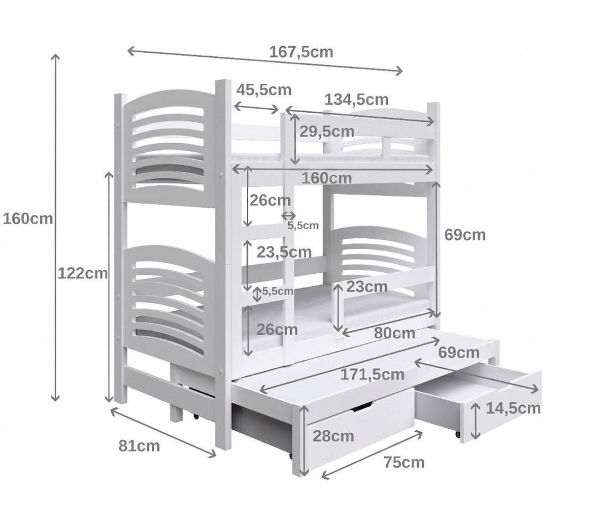 ETAGENBETT OHANA mit Bettkasten 75x160 cm Kieferfarben - Kieferfarben/Grau, Holz (75/160cm) - MASSENO