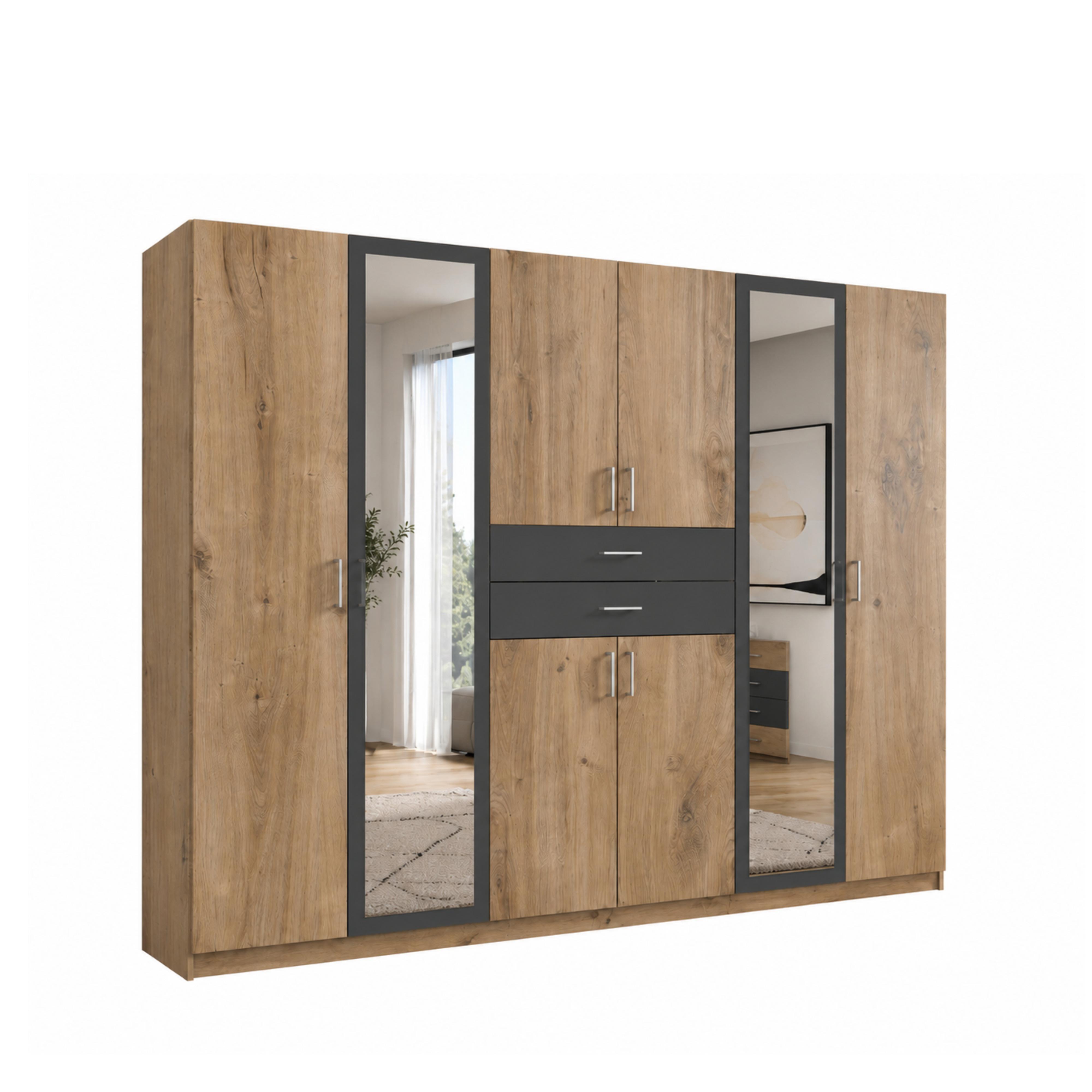 DREHTÜRENSCHRANK B270/H208/T58 cm, Eiche Dekor mit Absetzungen in Grafit, Kleiderschrank mit 2 Spiegeltüren & Schubkästen / 22596 - Eichefarben/Silberfarben, Holzwerkstoff/Kunststoff (270/208/58cm) - luma-home