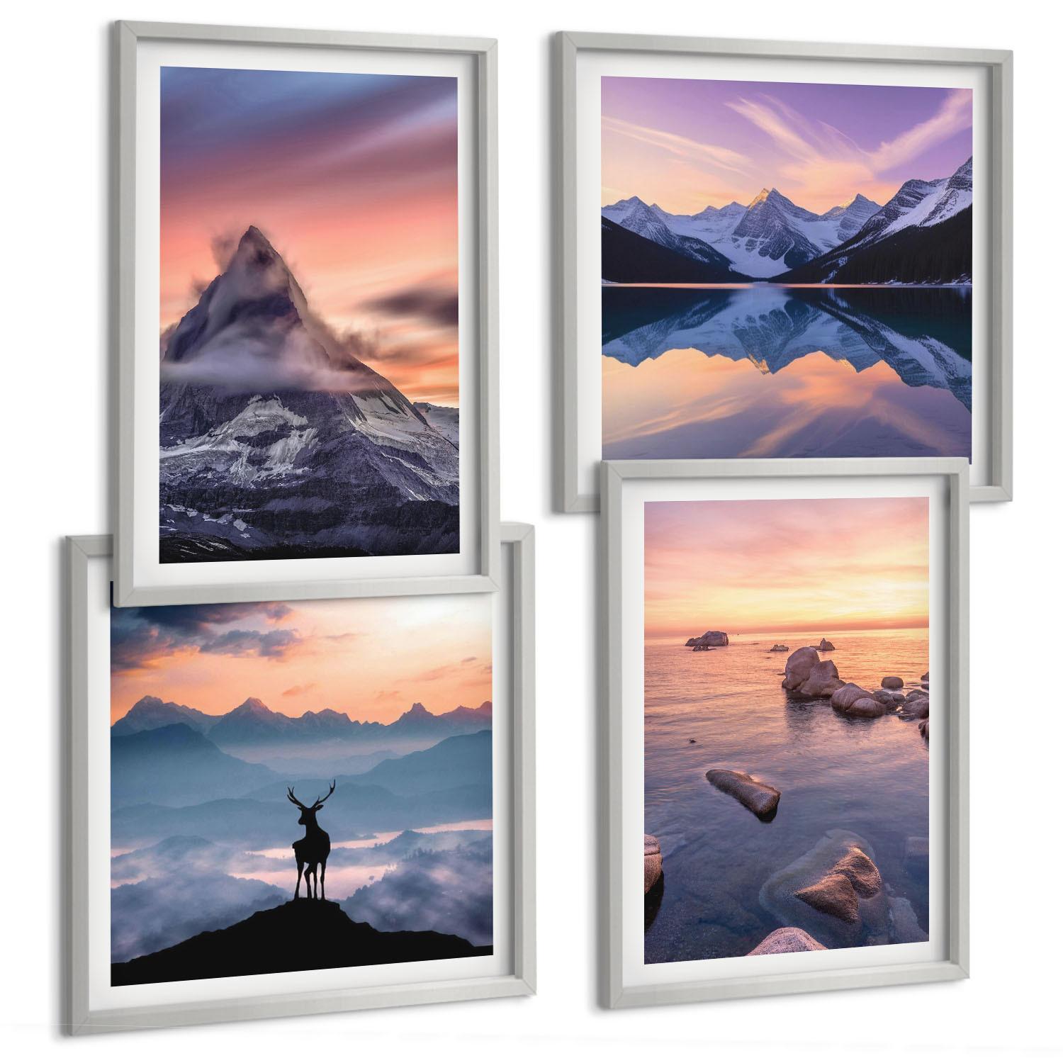 BILDER SET 4er Set - 50x50 cm & 40x60 cm Silberner Rahmen - Landschaften Berge Seen jelen - Silberfarben, Kunststoff (50/50cm) - TULUP