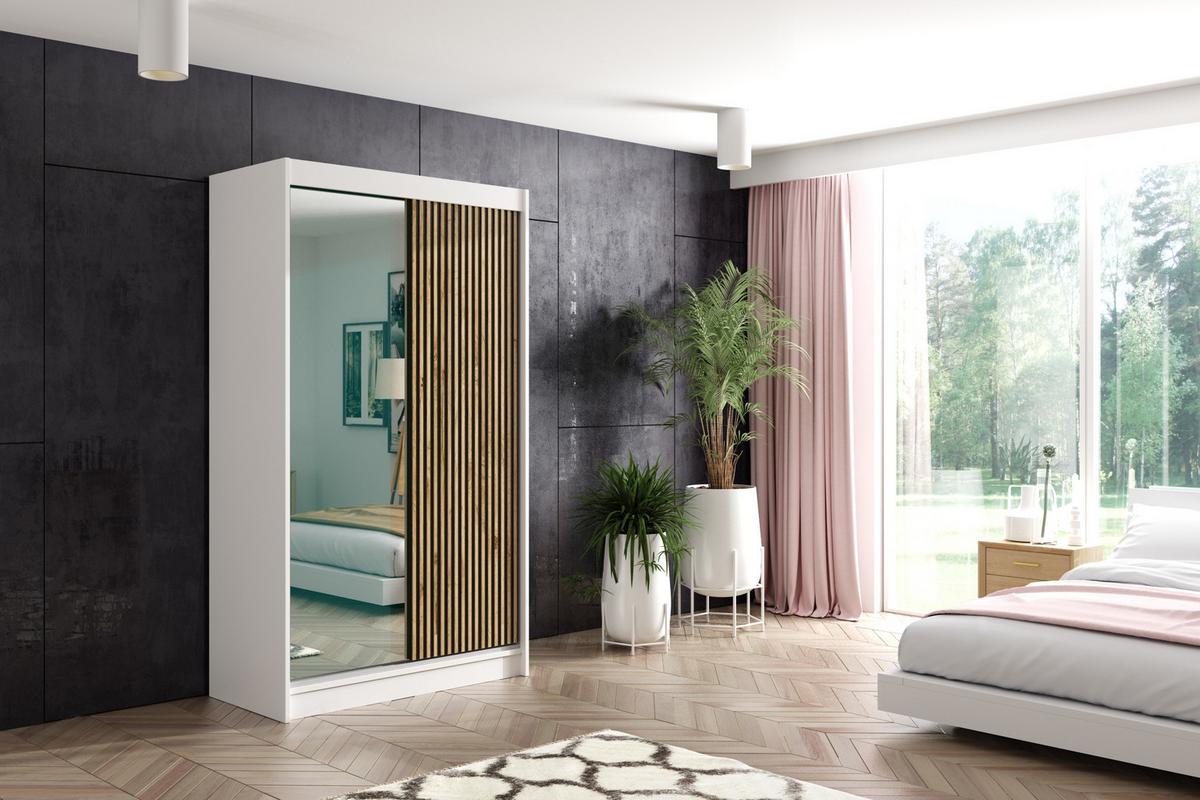 KLEIDERSCHRANK VILAN mit Spiegel/LED - 120 cm - Weiß|Eiche Wotan - Eiche Wotan/Weiß, Holzwerkstoff (120/215/61cm) - ALTDECOR