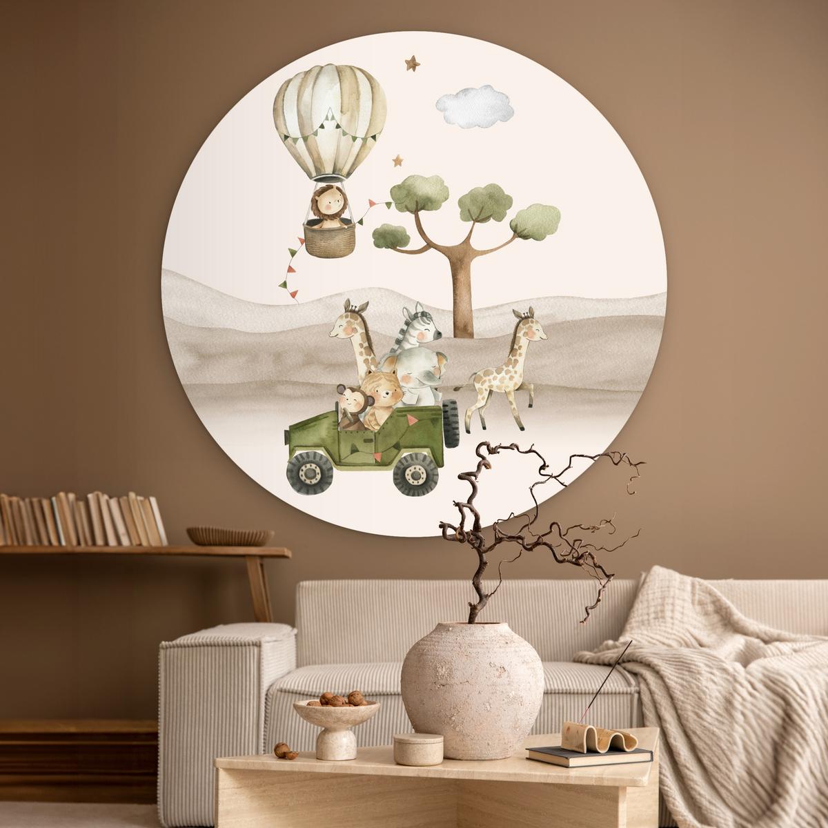 WANDBILD Wilde Tiere - Safari - Aquarell - Heißluftballon Room Decor 140x140 cm - Beige, Kunststoff (140/140cm) - MuchoWow