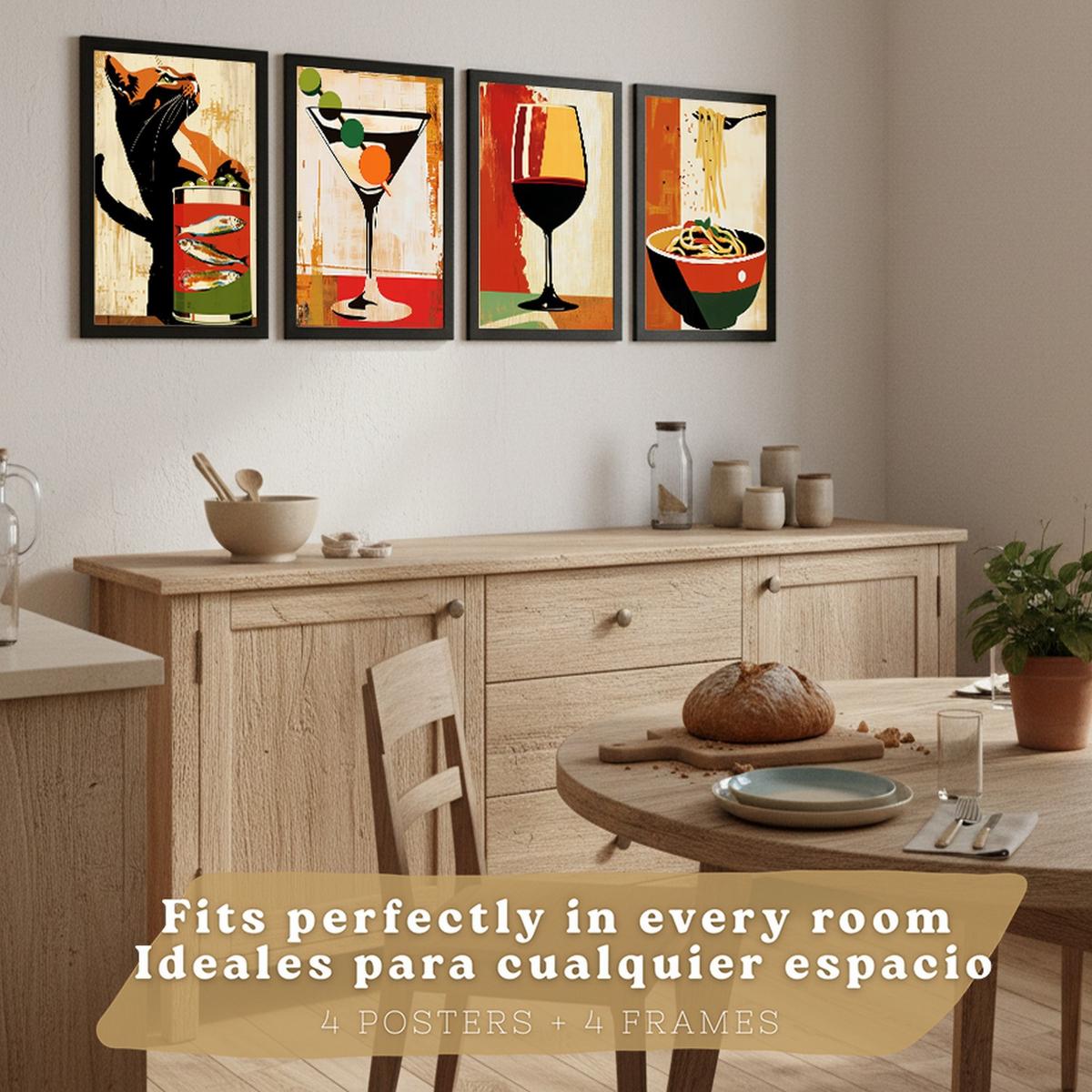POSTER 4er Set Küchen-Wandbilder Vintage Katze Sardinen Martini Wein und Pasta Retro Esszimmer Bar Deko Schwarzer Rahmen A3 - Schwarz, Papier (29.7/1/42cm) - Nacnic