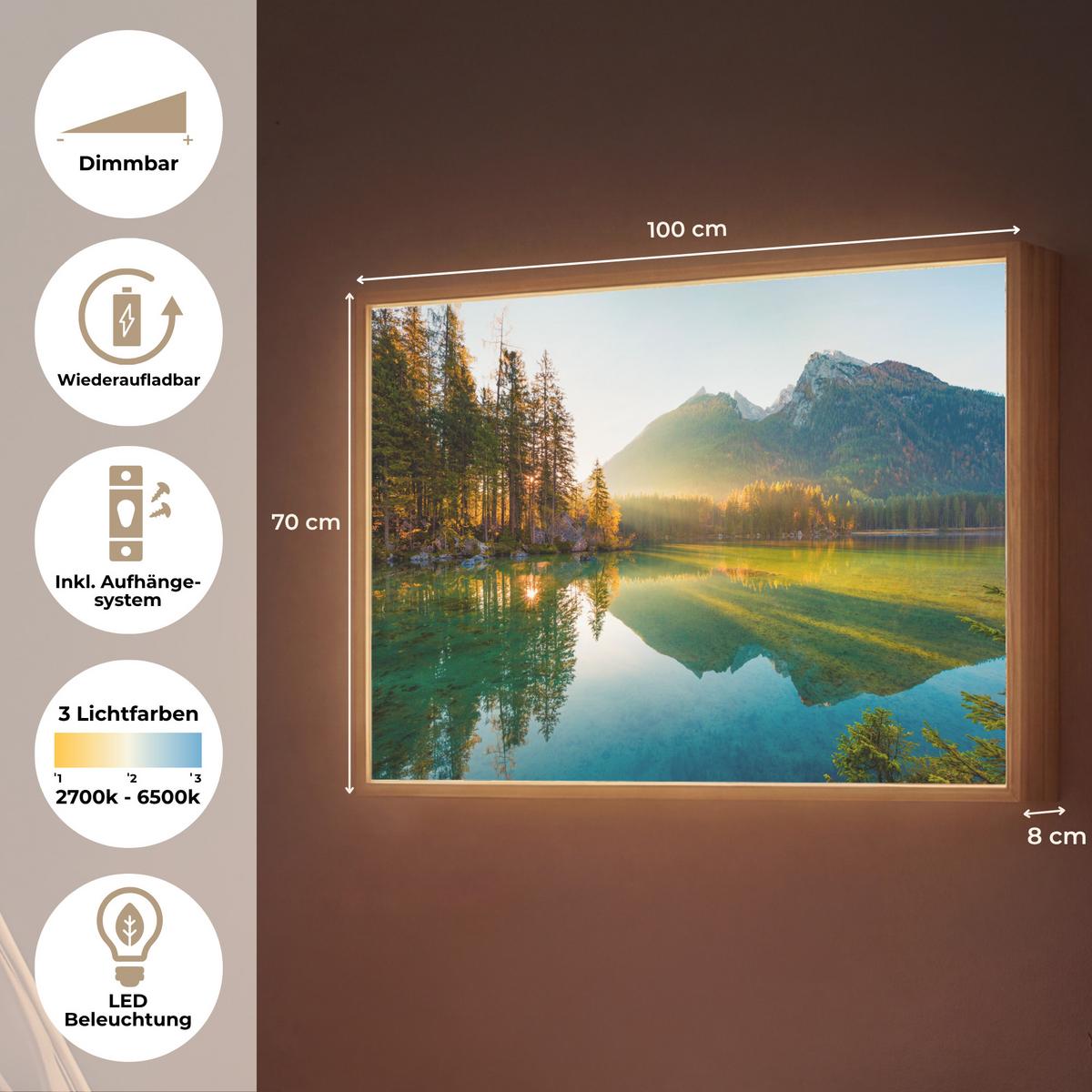 WANDLEUCHTE MIT AKKU See - Wald - Berge - Natur - Sonne - Landschaft 100x70 cm - Grün, Holzwerkstoff (100/70/8cm) - OnlyWow
