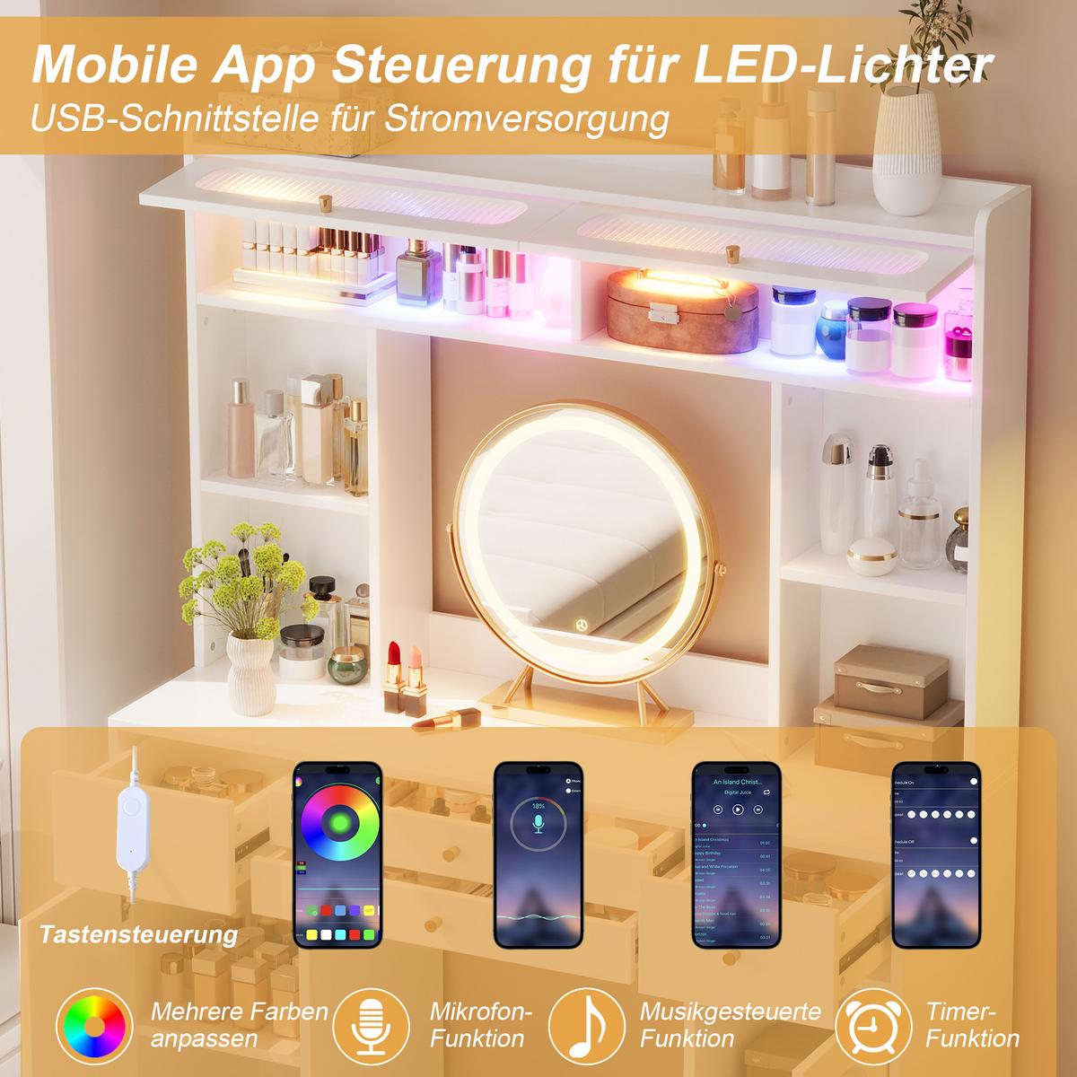 SCHMINKTISCH Weiß mit LED-Spiegel, 4 Schubladen, Schränken & App-Beleuchtung - Weiß, Holzwerkstoff (120/160/40cm) - Urban Meuble