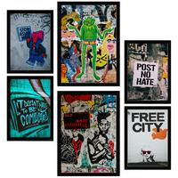 POSTER Set Mit 6 Graffiti Straßenkunst Wandschablonenanspruch A3 & A4 Schwarzer Rahmen - Schwarz, Papier (29/3cm) - Nacnic